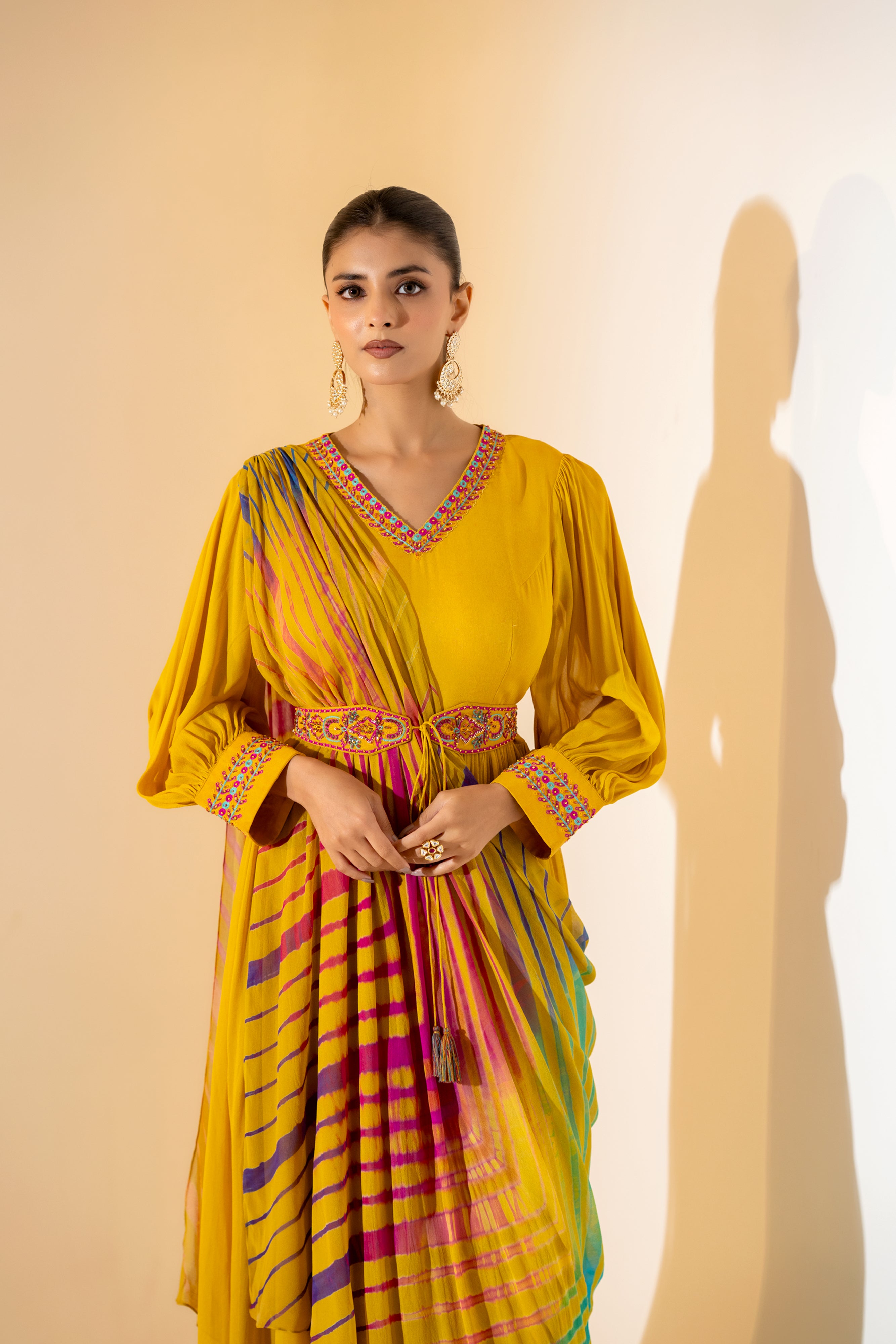 GOWN WITH MULTI COLOUR LEHERIYA DUPATTA.