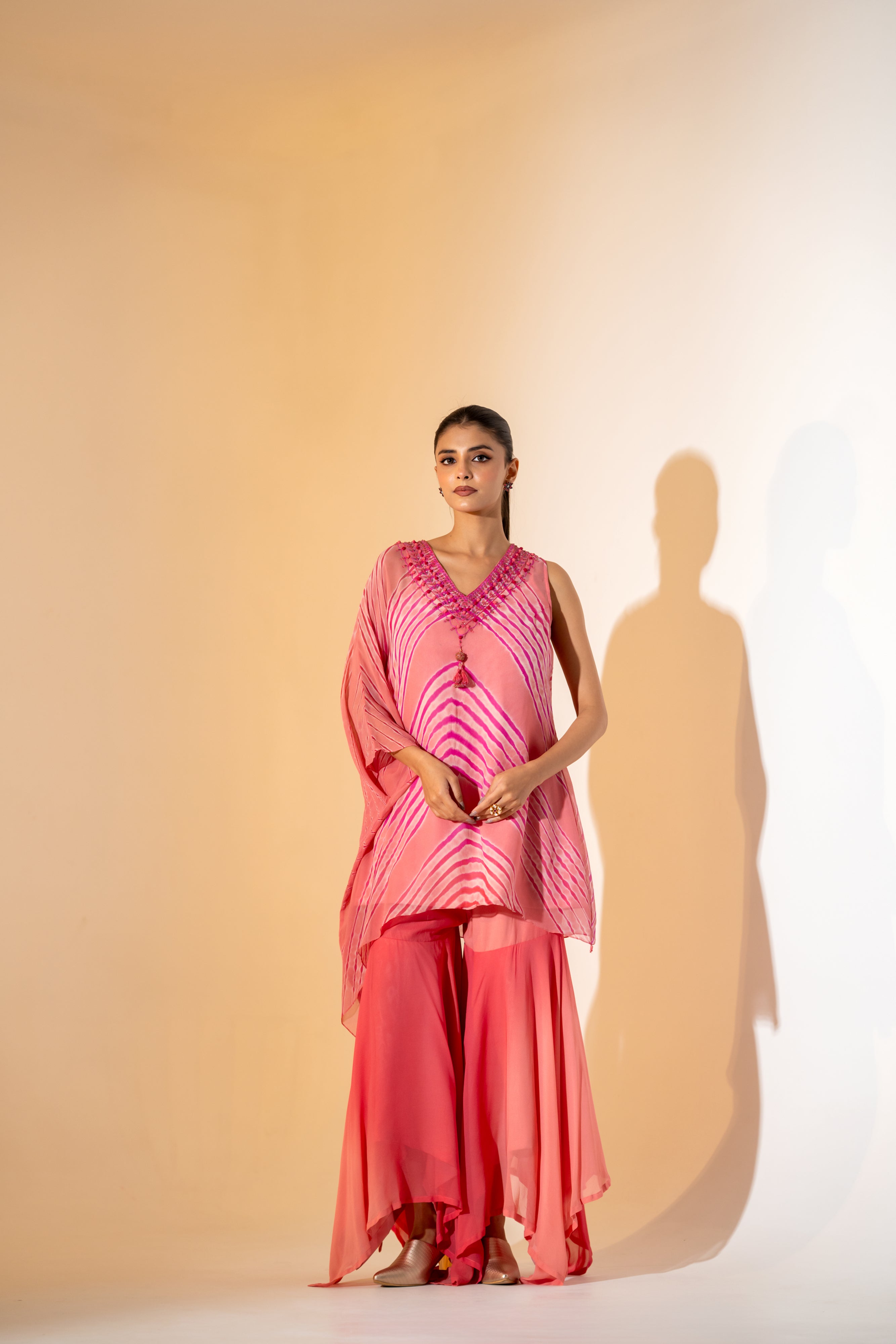 Carrot Pink Chevron Kurta Sharara Set.