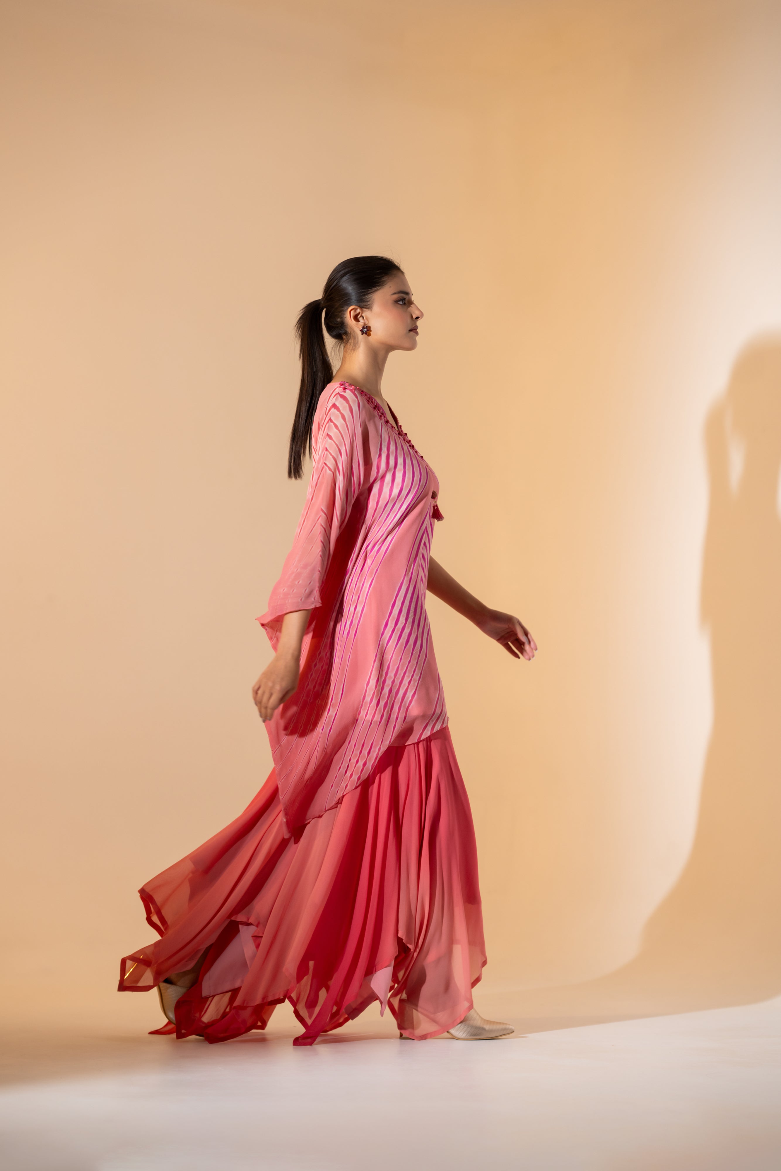 Carrot Pink Chevron Kurta Sharara Set.