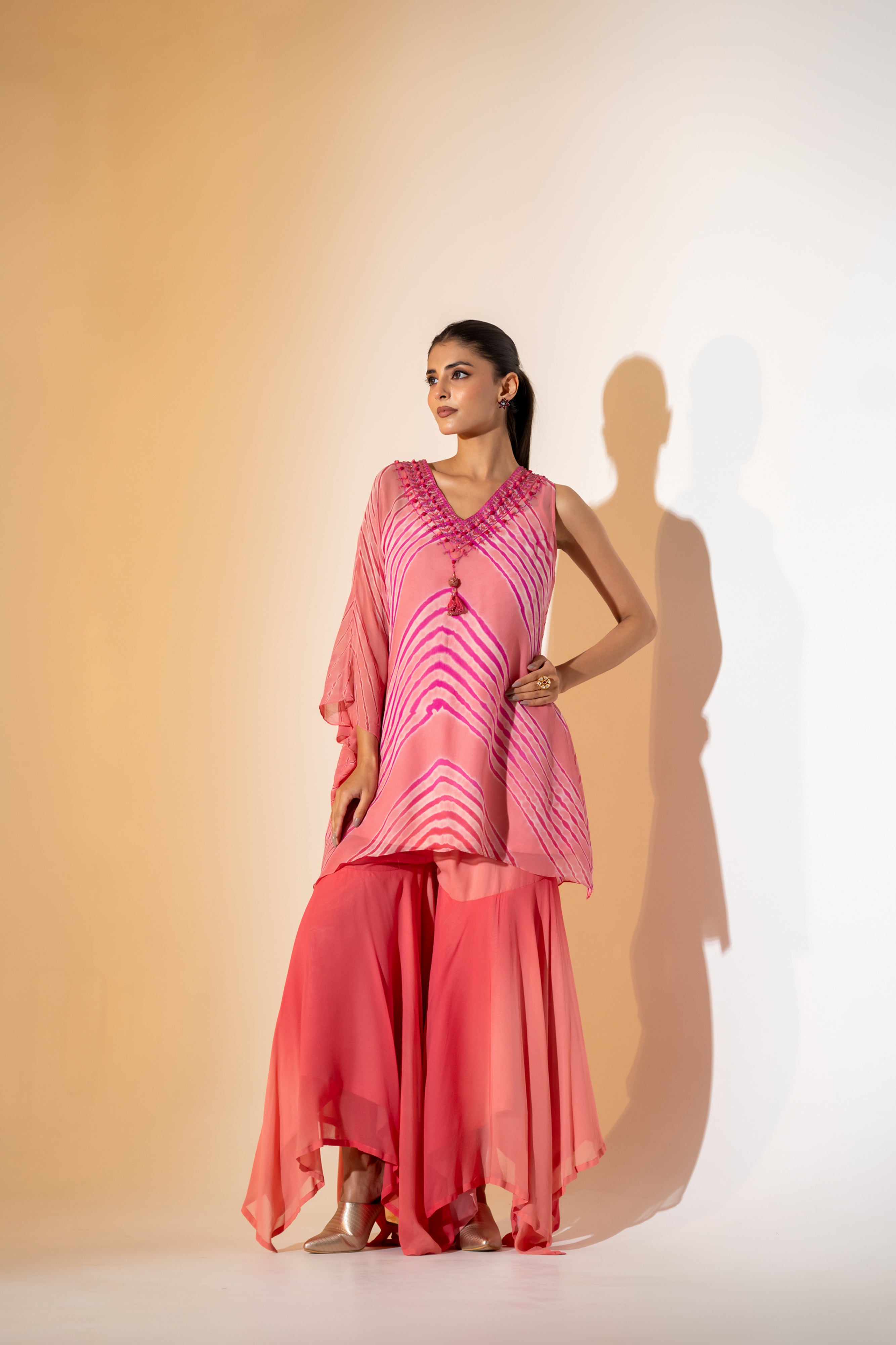 Carrot Pink Chevron Kurta Sharara Set.