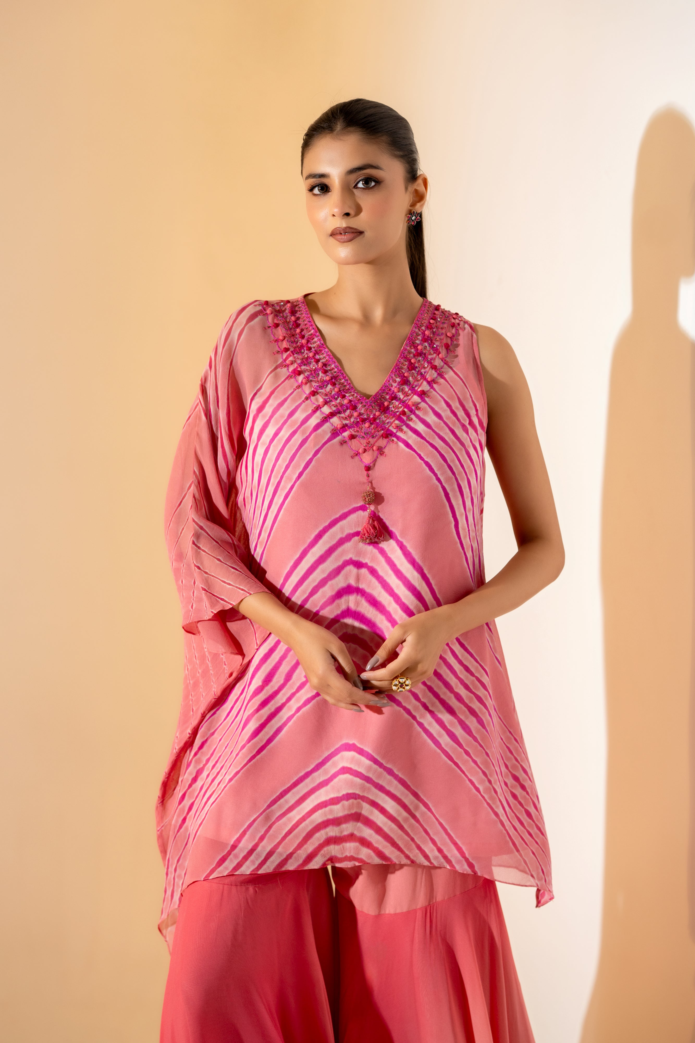 Carrot Pink Chevron Kurta Sharara Set.
