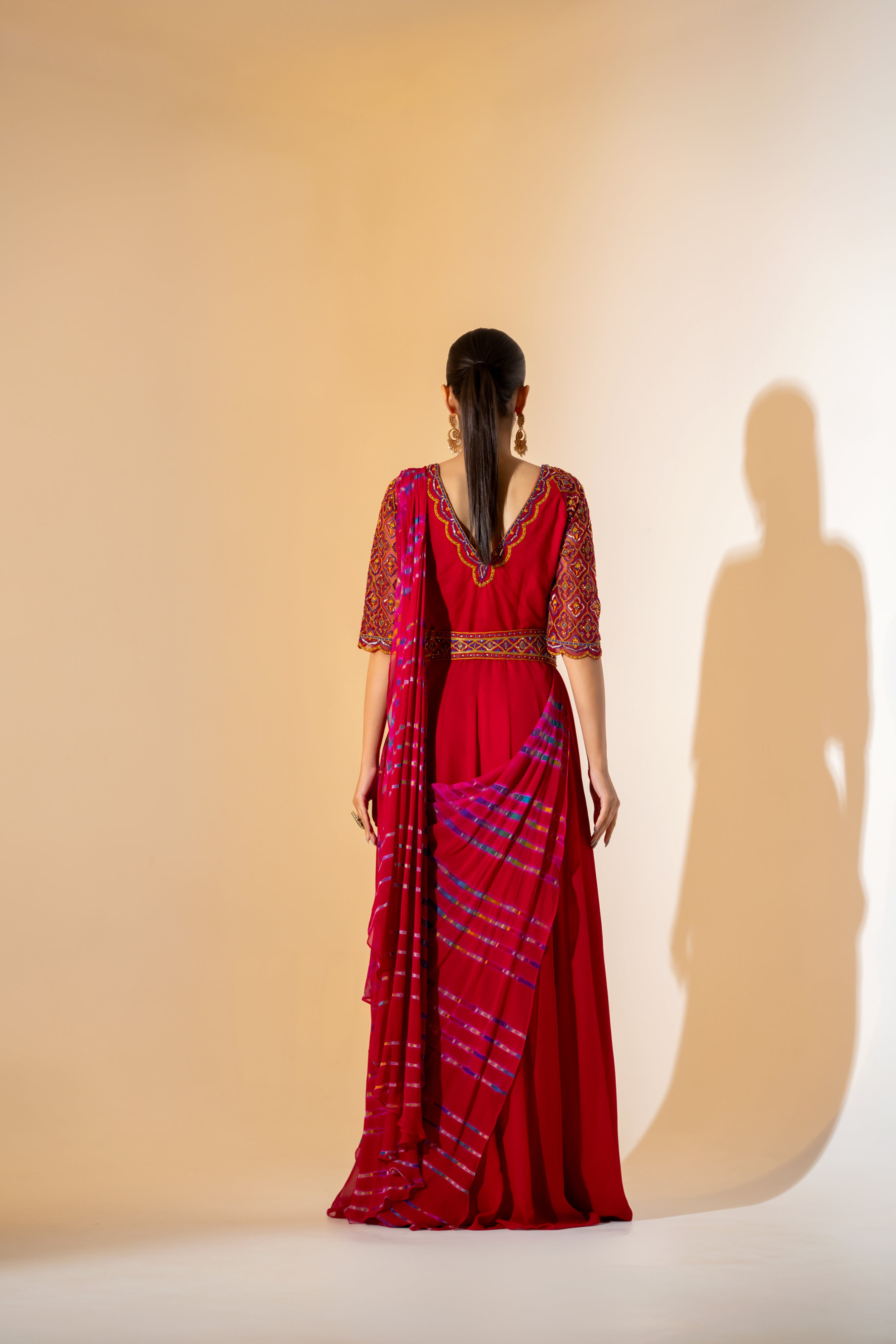 RED LEHERIYA DRAPE SAREE