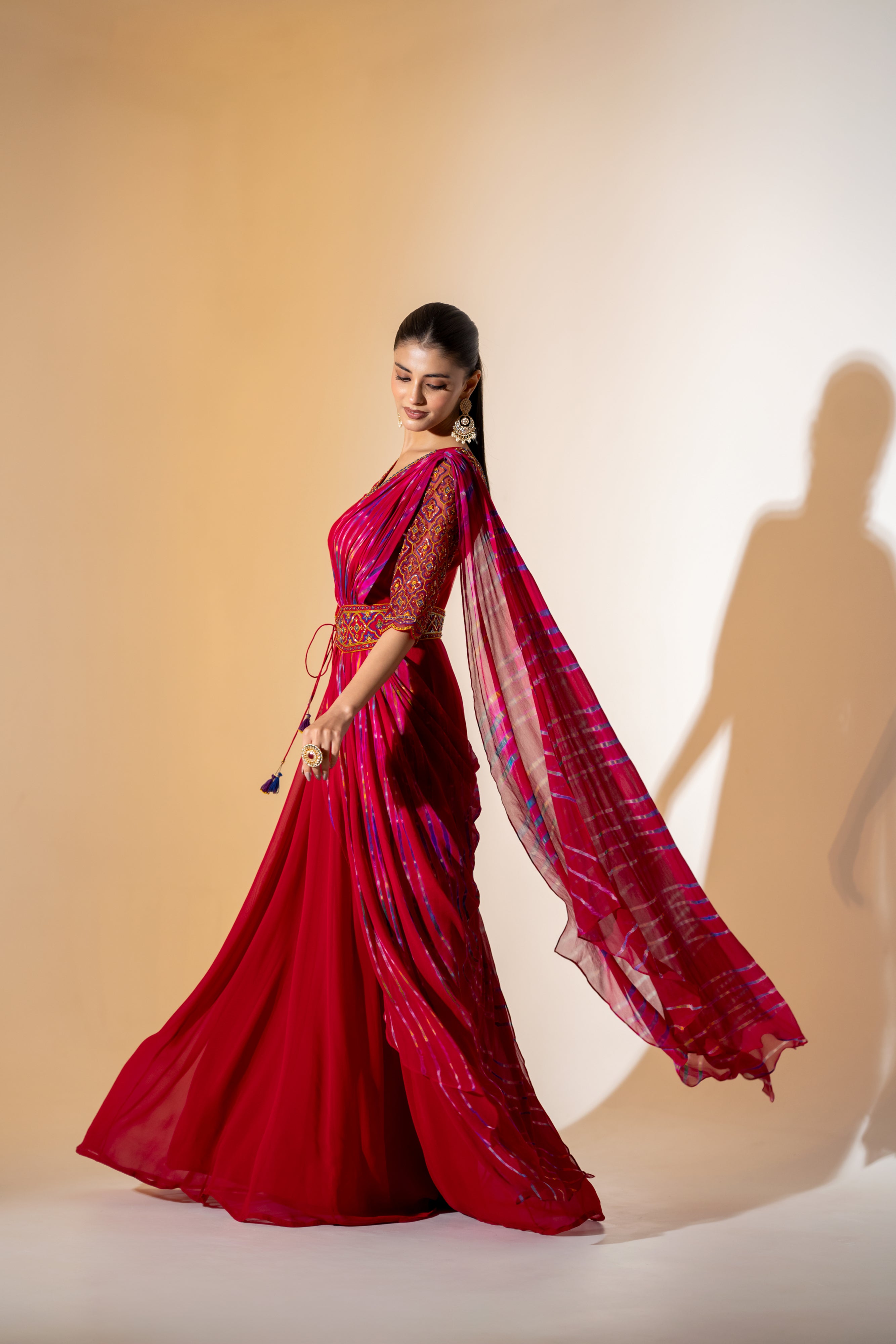 RED LEHERIYA DRAPE SAREE