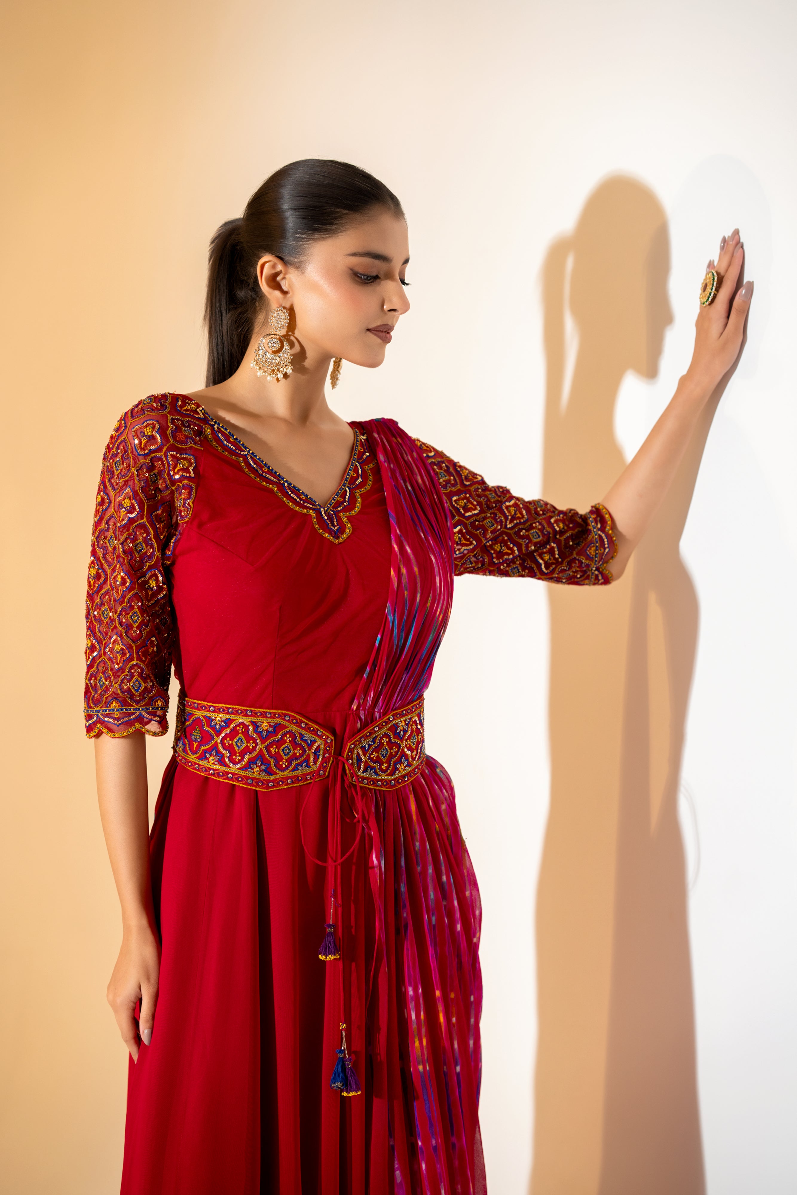 RED LEHERIYA DRAPE SAREE