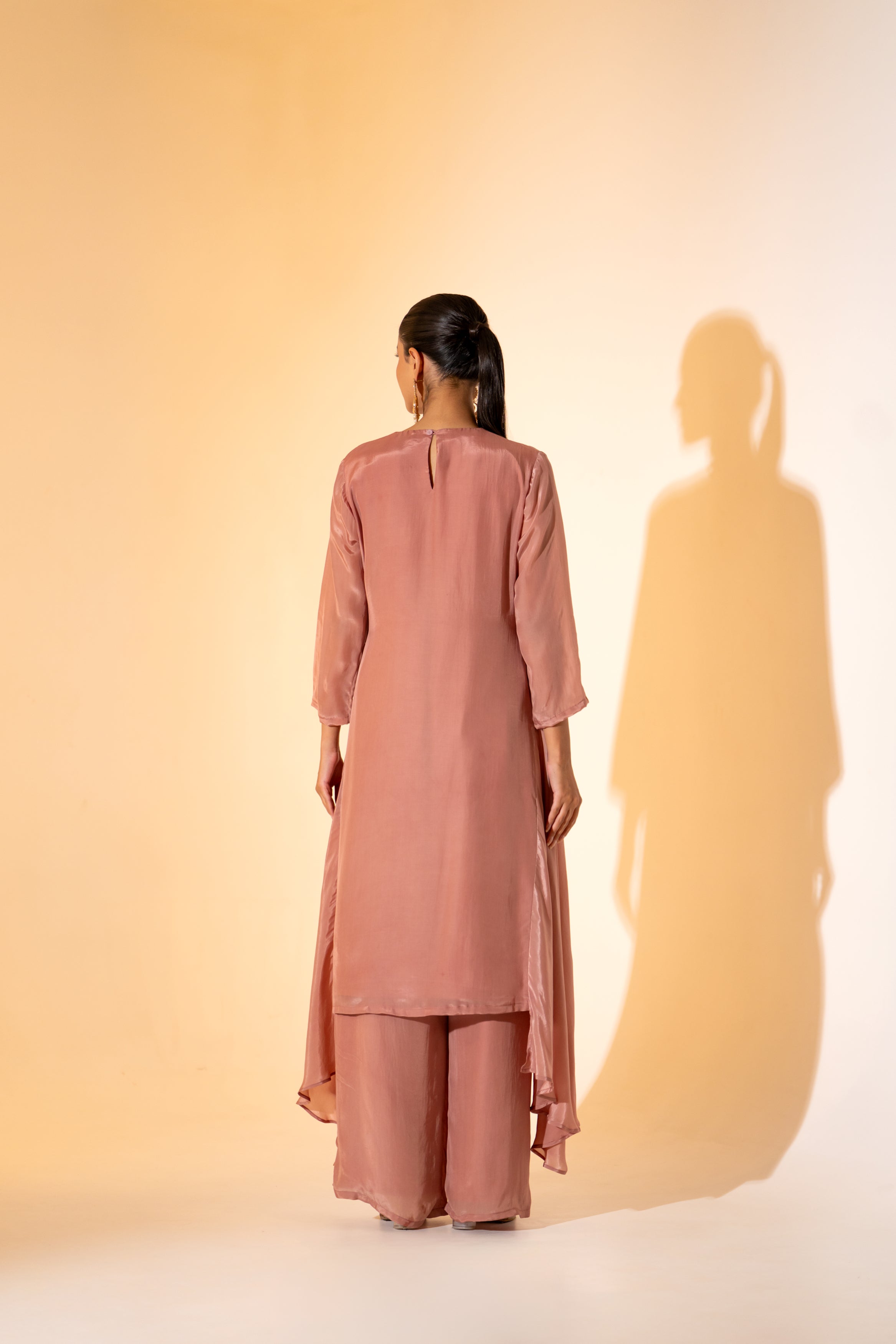 OLD ROSE PINK ASYMMETRIC KURTA SET WITH EMBROIDERED YOKE