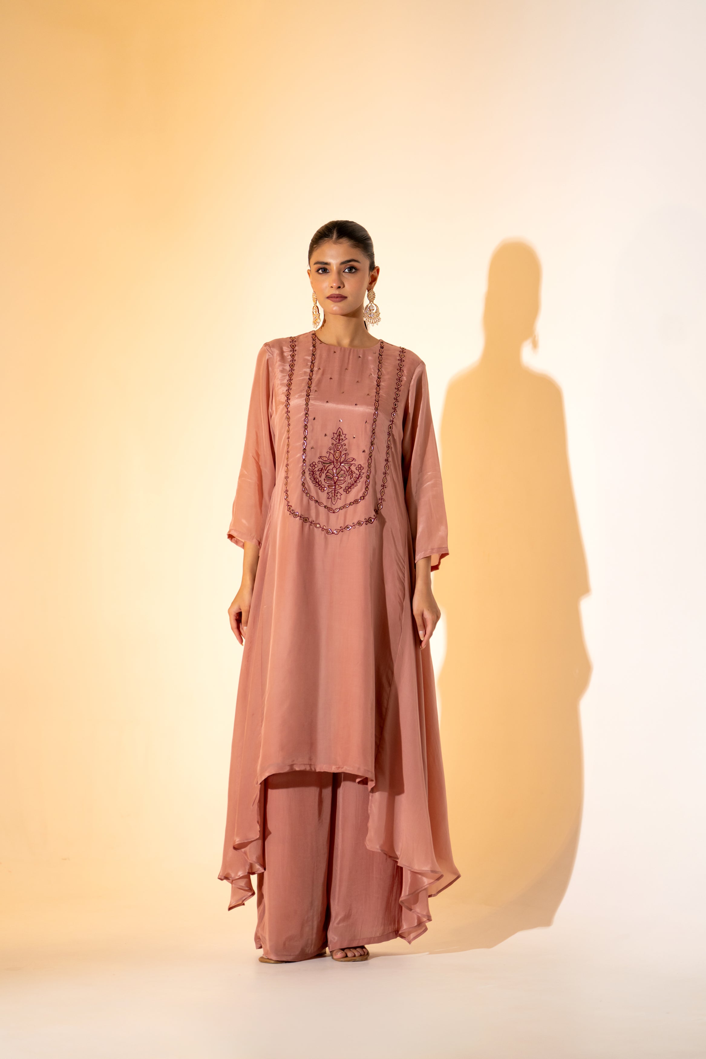 OLD ROSE PINK ASYMMETRIC KURTA SET WITH EMBROIDERED YOKE