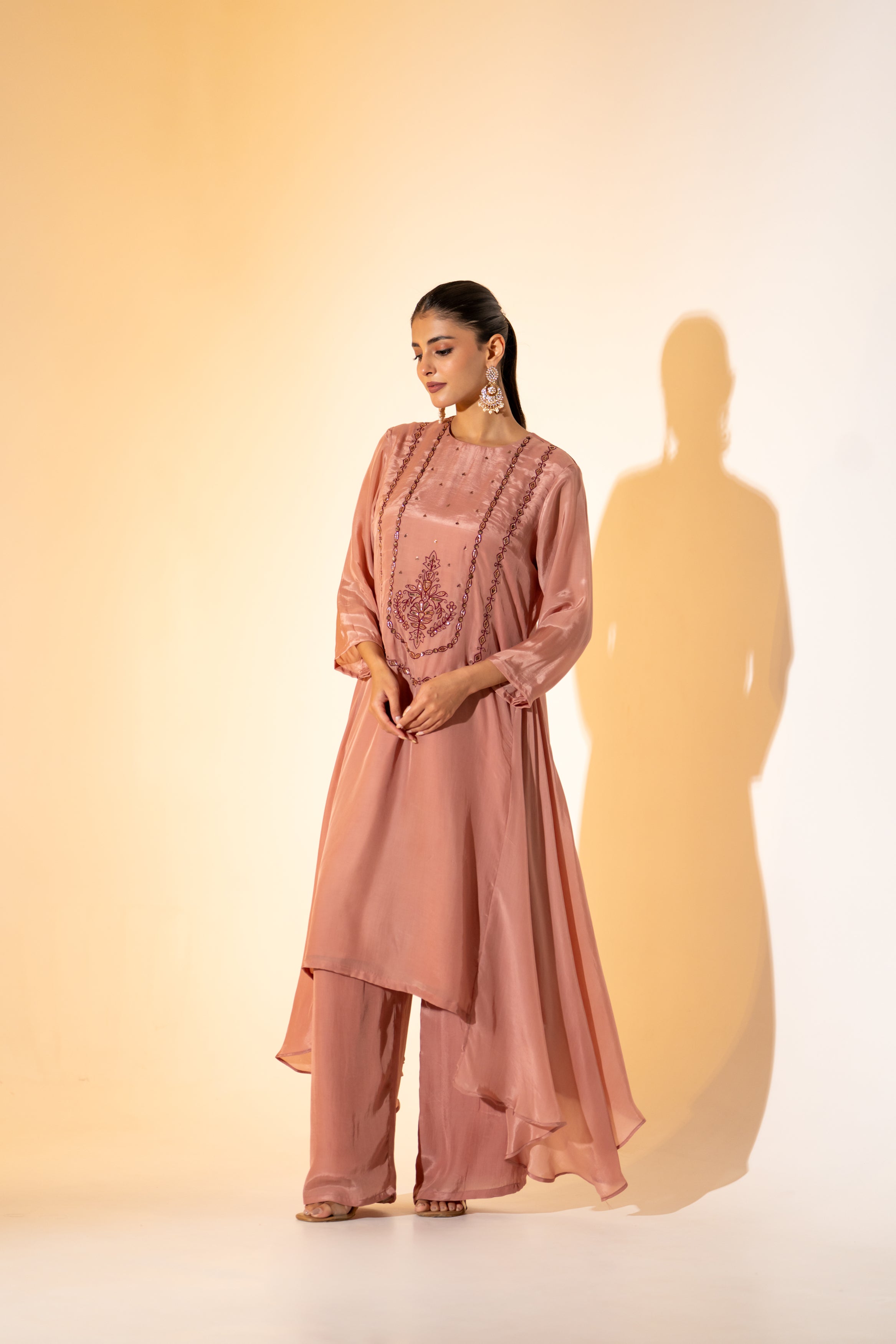 OLD ROSE PINK ASYMMETRIC KURTA SET WITH EMBROIDERED YOKE