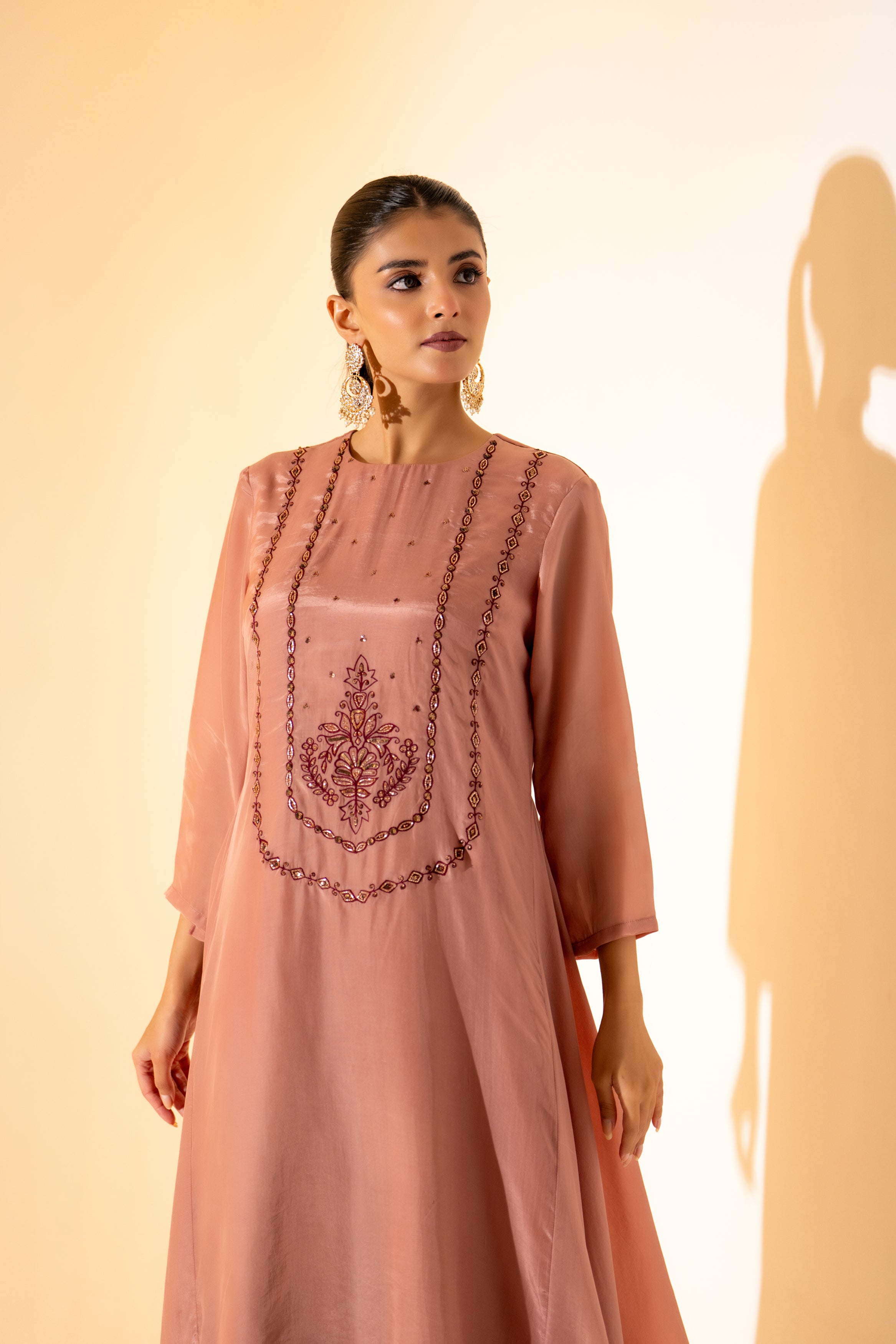 OLD ROSE PINK ASYMMETRIC KURTA SET WITH EMBROIDERED YOKE
