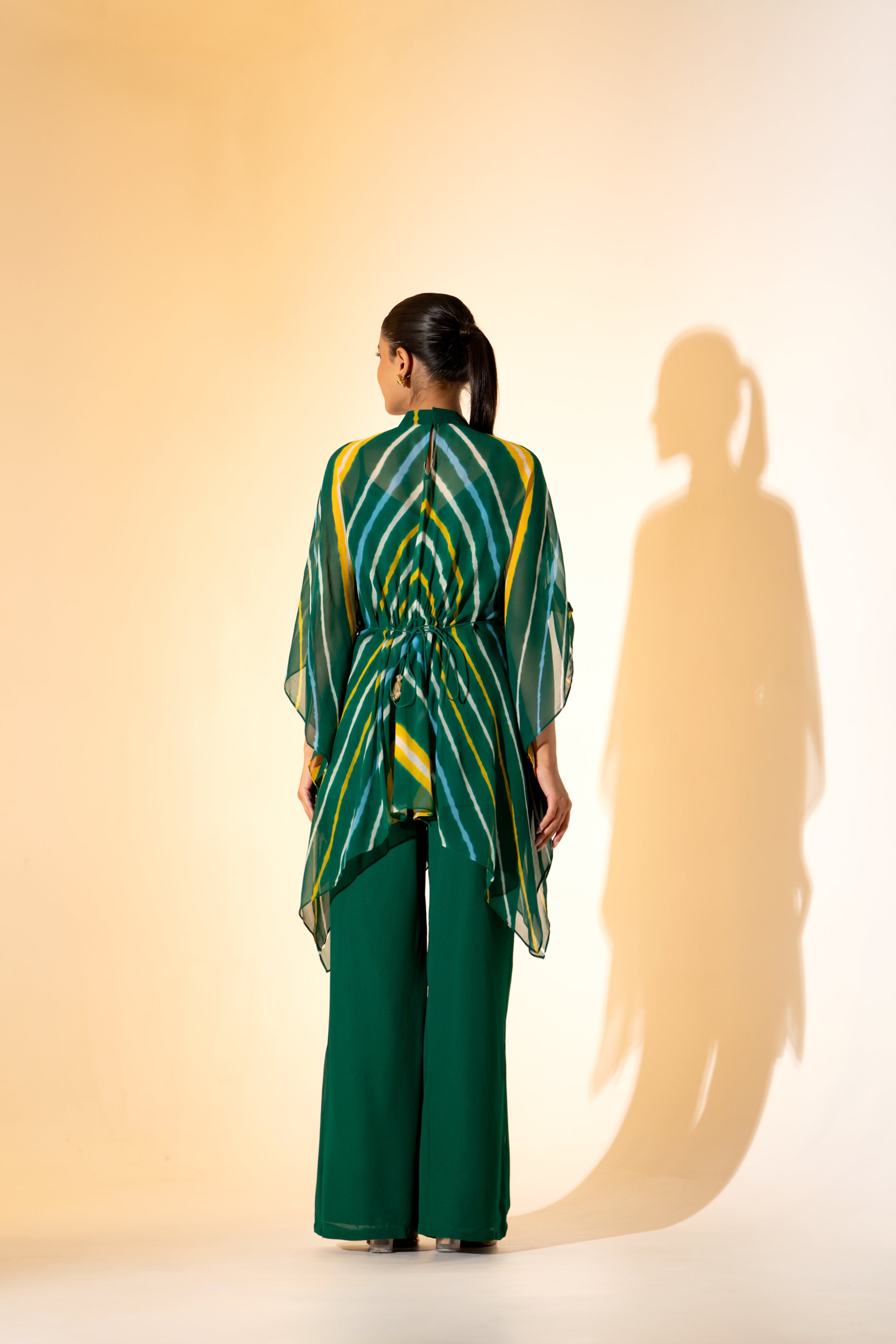 GREEN LEHERIYA  KAFTAN TOP WITH  PANT  & EMBROIDERED BELT.