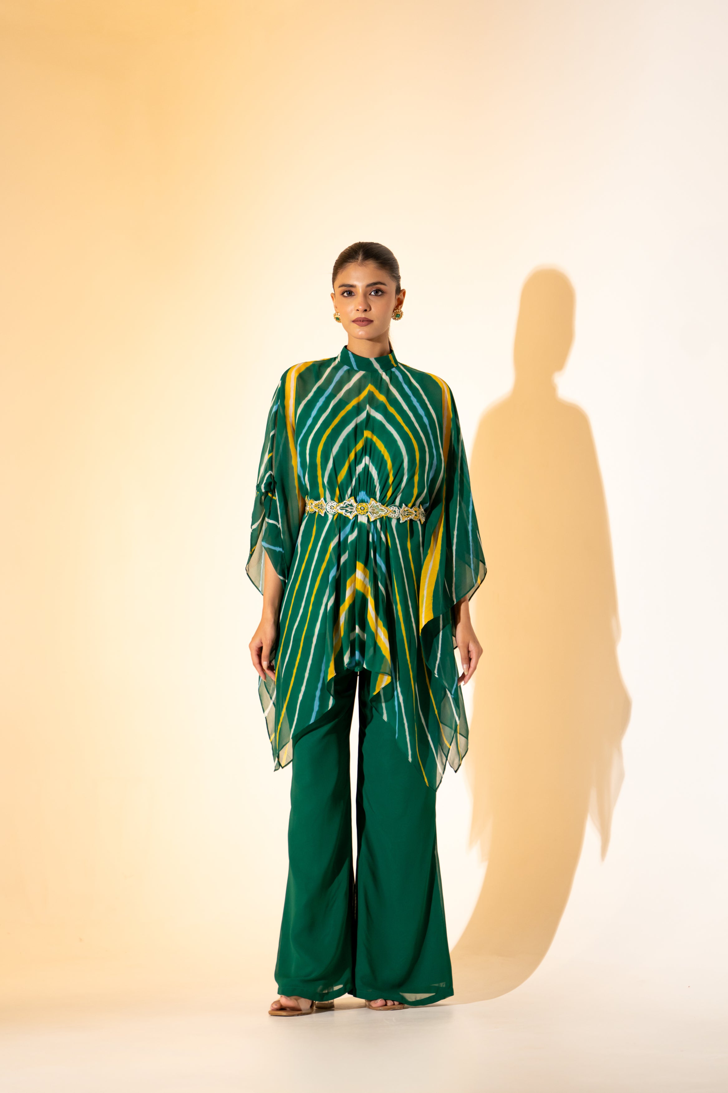 GREEN LEHERIYA  KAFTAN TOP WITH  PANT  & EMBROIDERED BELT.
