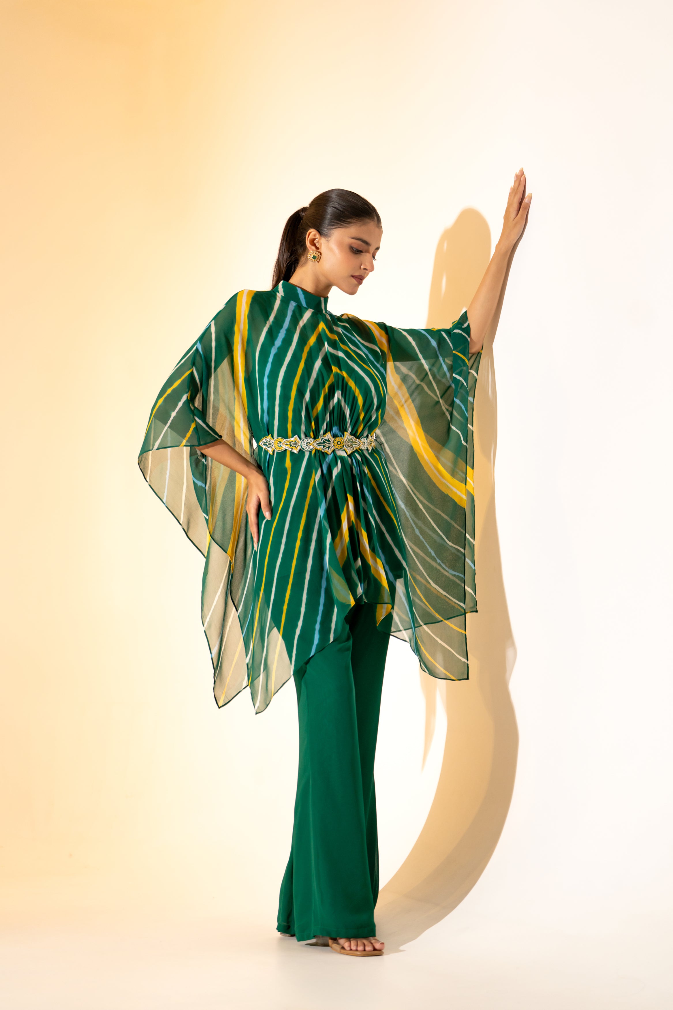 GREEN LEHERIYA  KAFTAN TOP WITH  PANT  & EMBROIDERED BELT.