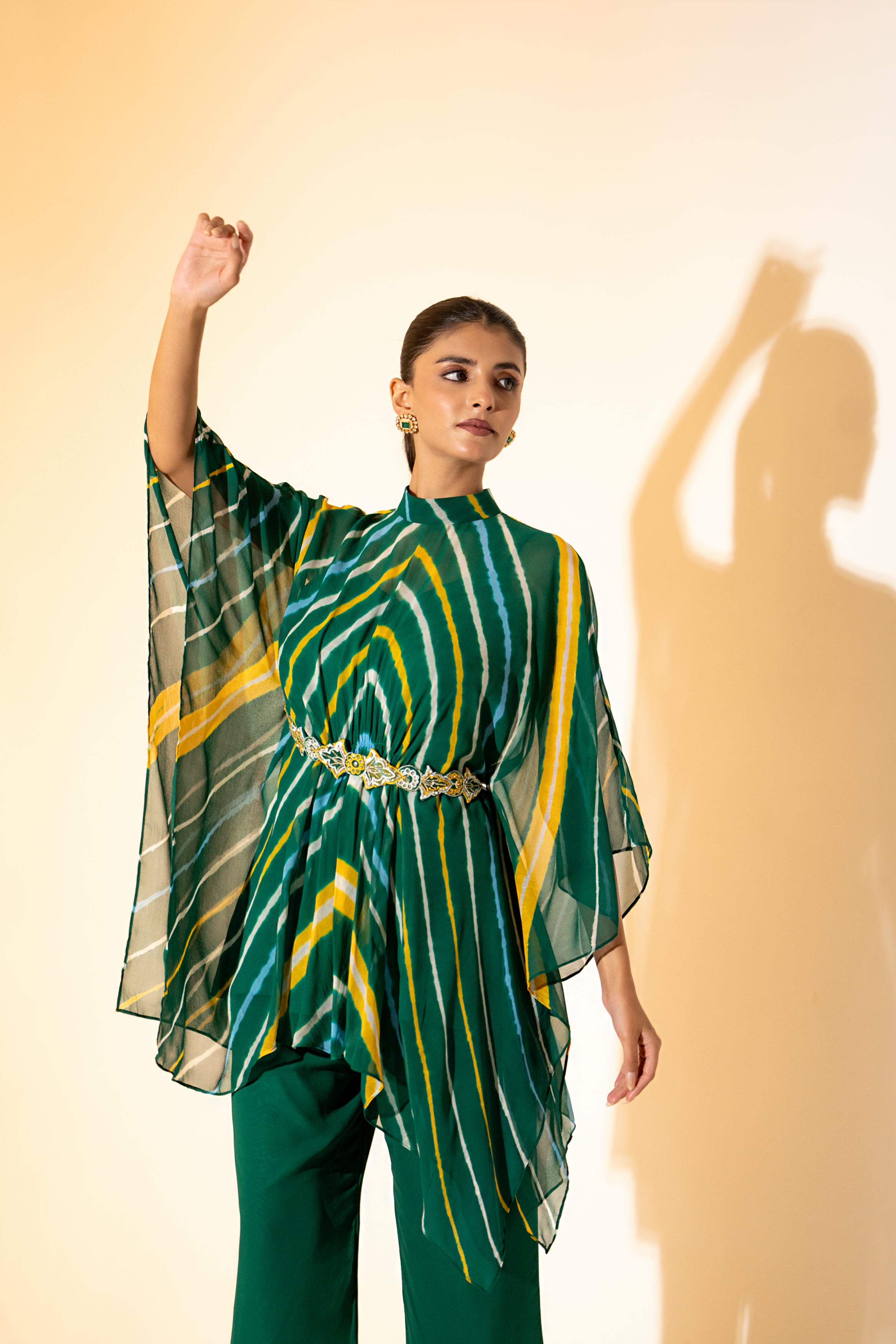 GREEN LEHERIYA  KAFTAN TOP WITH  PANT  & EMBROIDERED BELT.