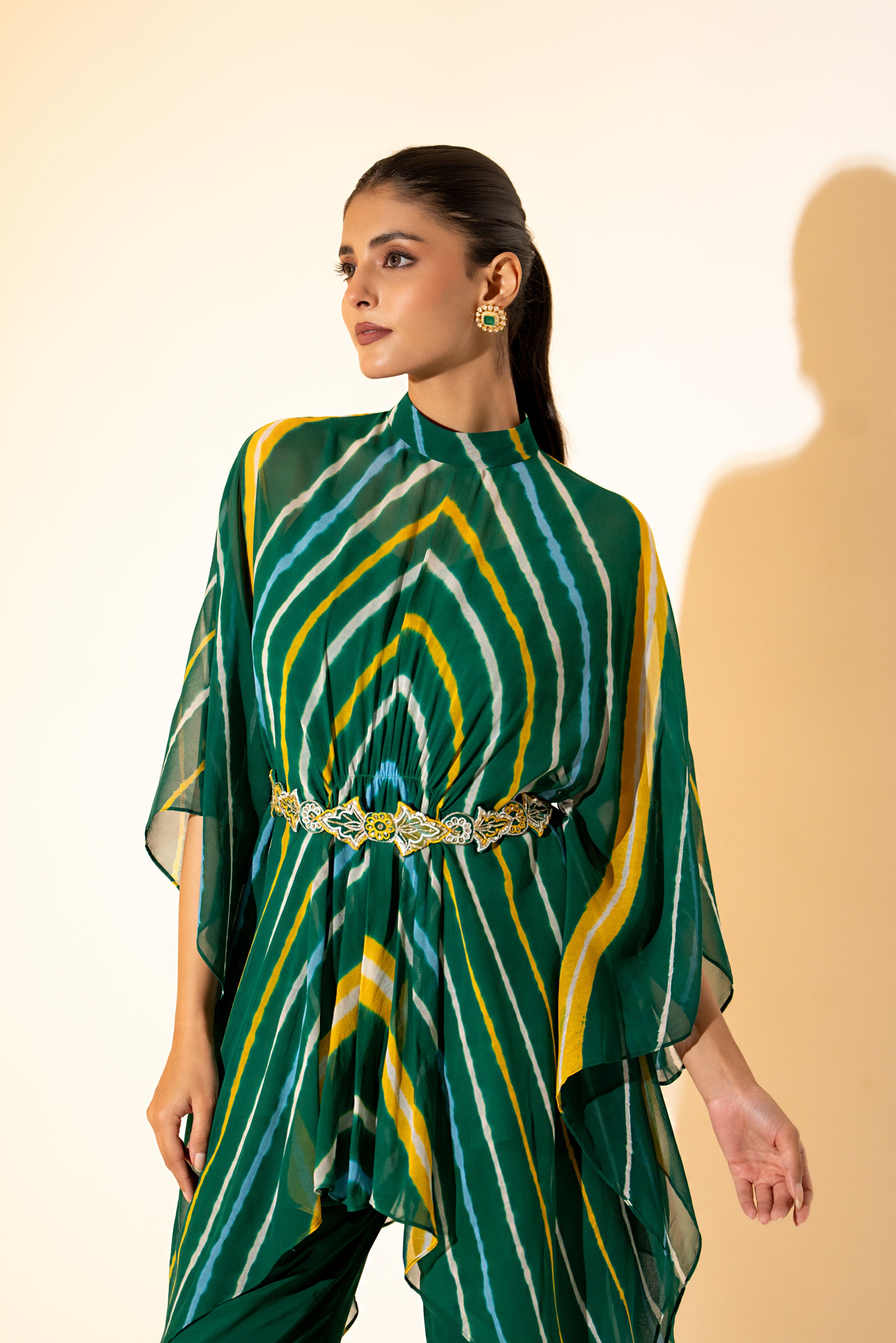 GREEN LEHERIYA  KAFTAN TOP WITH  PANT  & EMBROIDERED BELT.