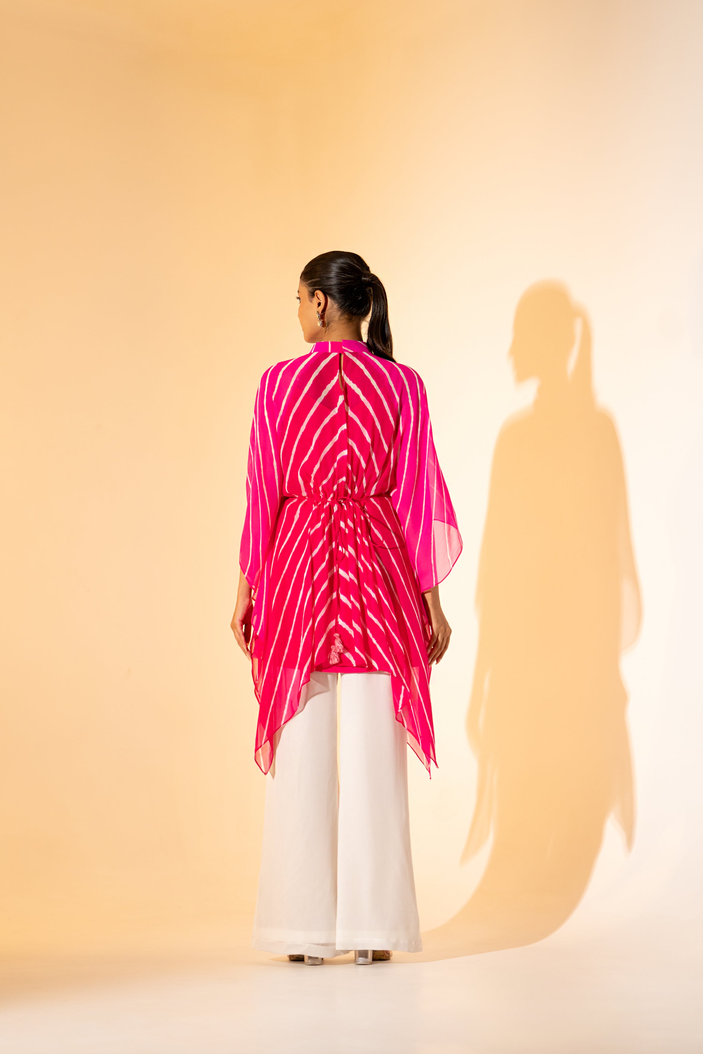 PINK LEHERIYA  KAFTAN TOP WITH WHITE PANT  & EMBROIDERED BELT