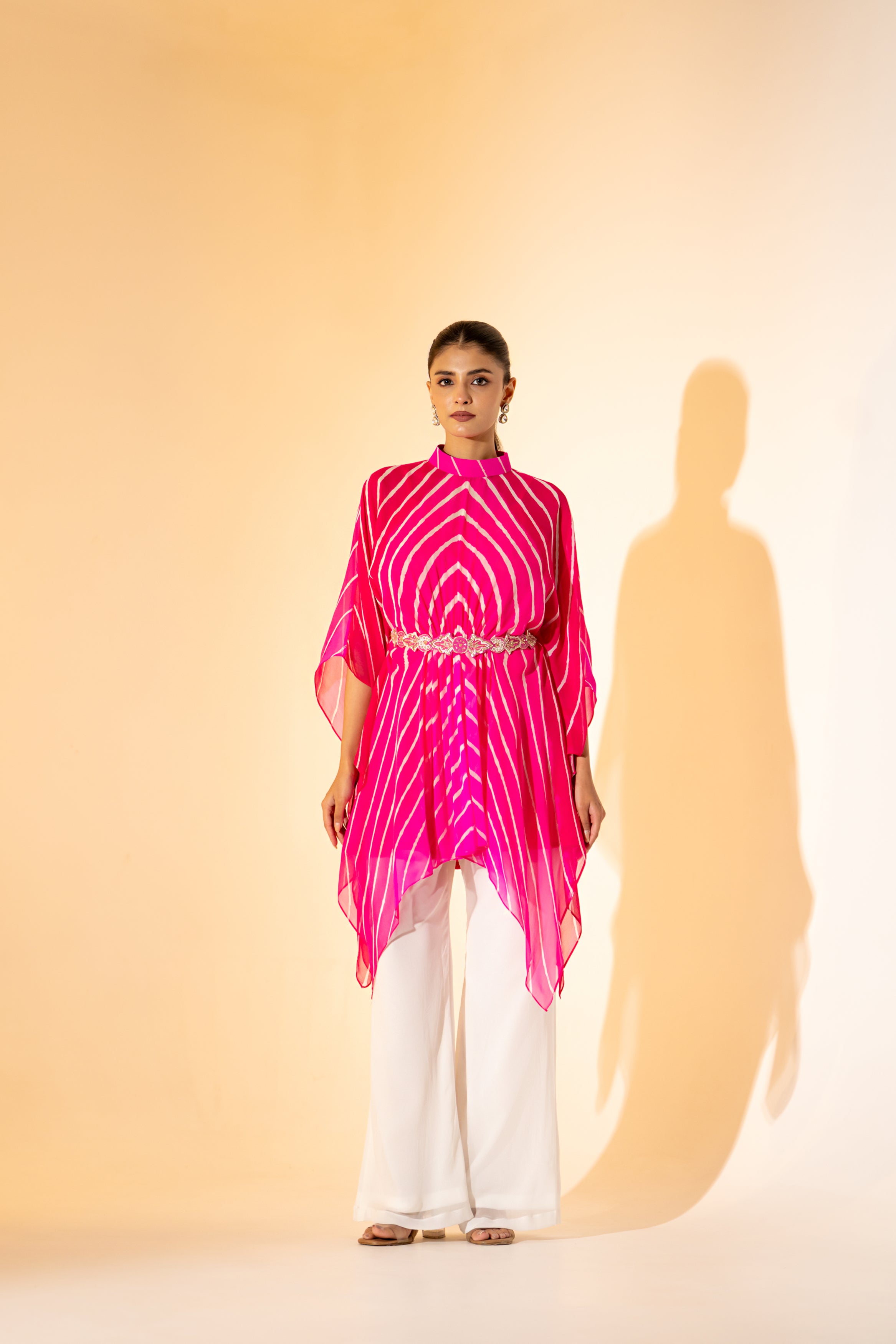 PINK LEHERIYA  KAFTAN TOP WITH WHITE PANT  & EMBROIDERED BELT