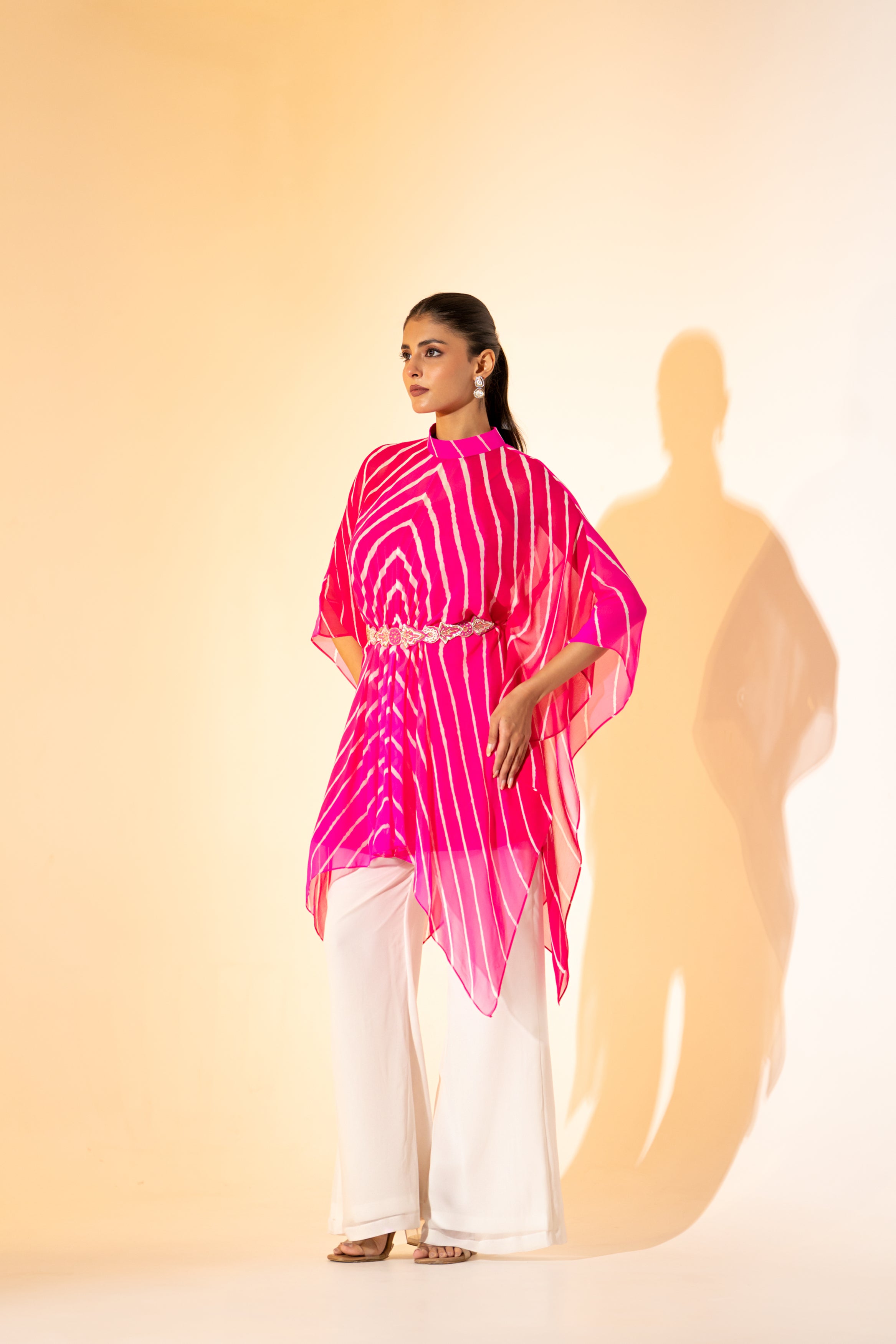 PINK LEHERIYA  KAFTAN TOP WITH WHITE PANT  & EMBROIDERED BELT