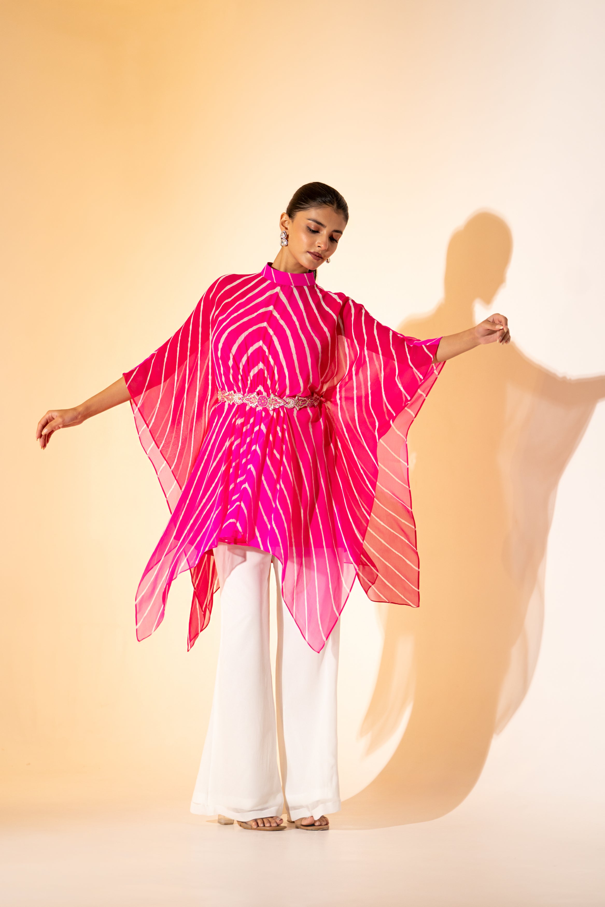 PINK LEHERIYA  KAFTAN TOP WITH WHITE PANT  & EMBROIDERED BELT