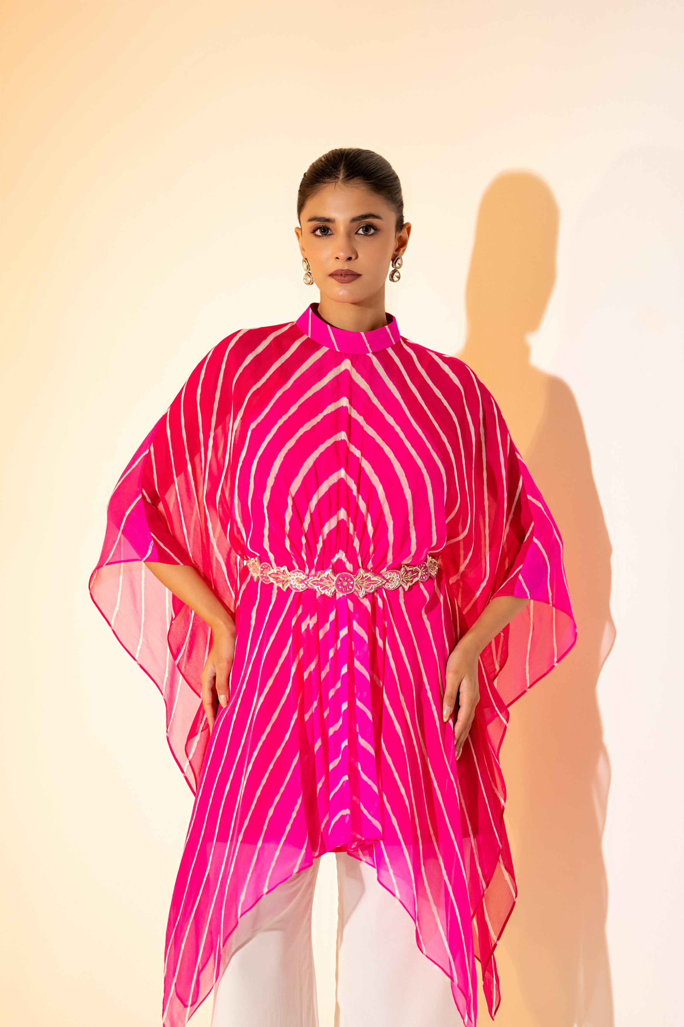 PINK LEHERIYA  KAFTAN TOP WITH WHITE PANT  & EMBROIDERED BELT