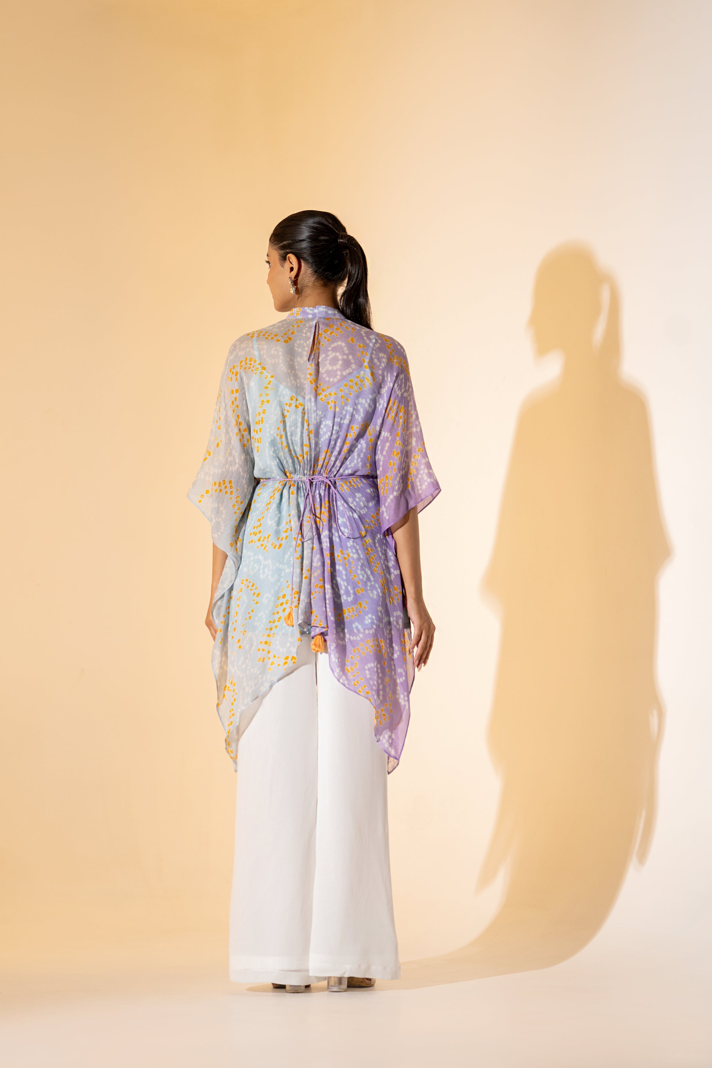 LAVENDER LEHERIYA  KAFTAN TOP WITH WHITE PANT  & EMBROIDERED BELT.