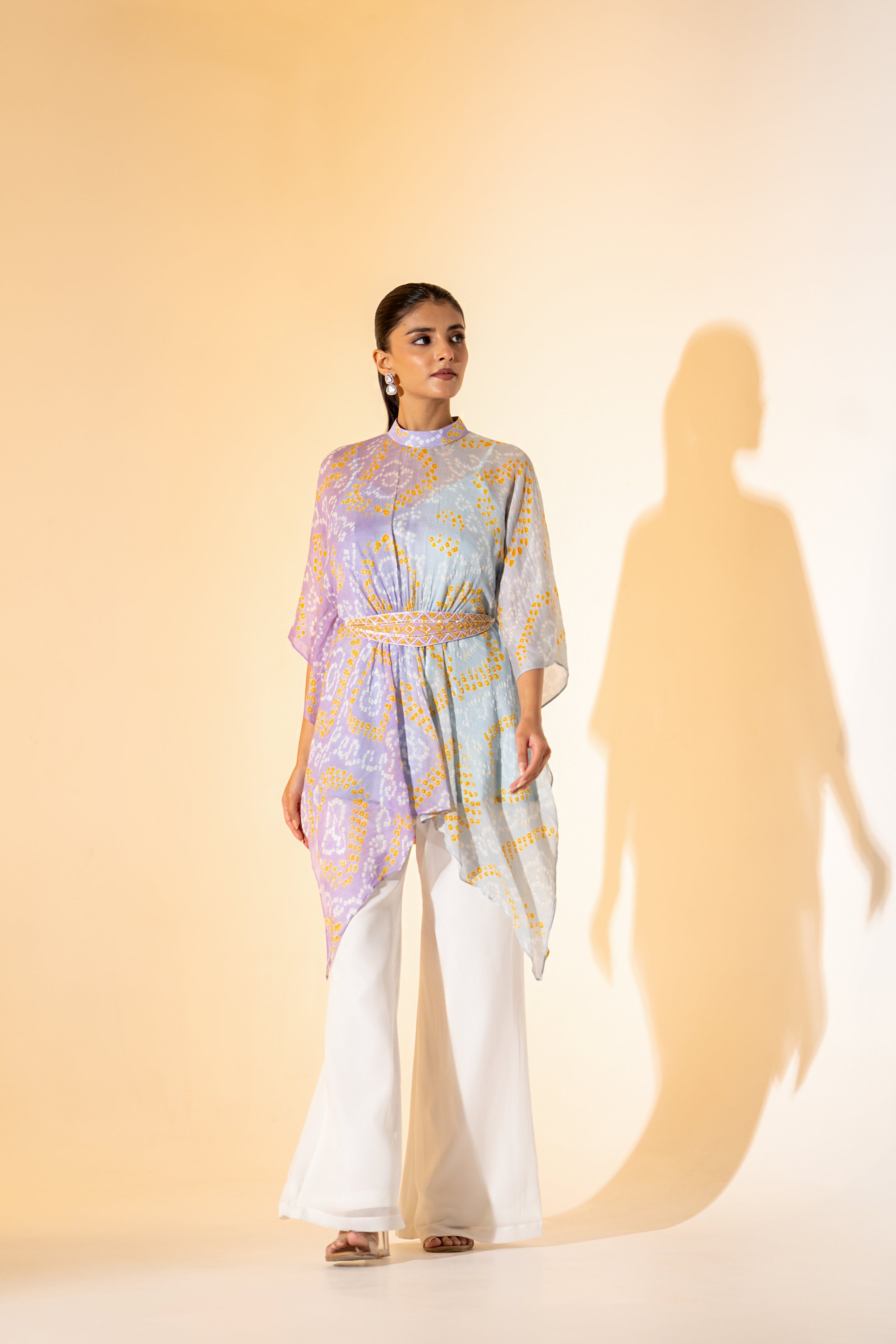 LAVENDER LEHERIYA  KAFTAN TOP WITH WHITE PANT  & EMBROIDERED BELT.