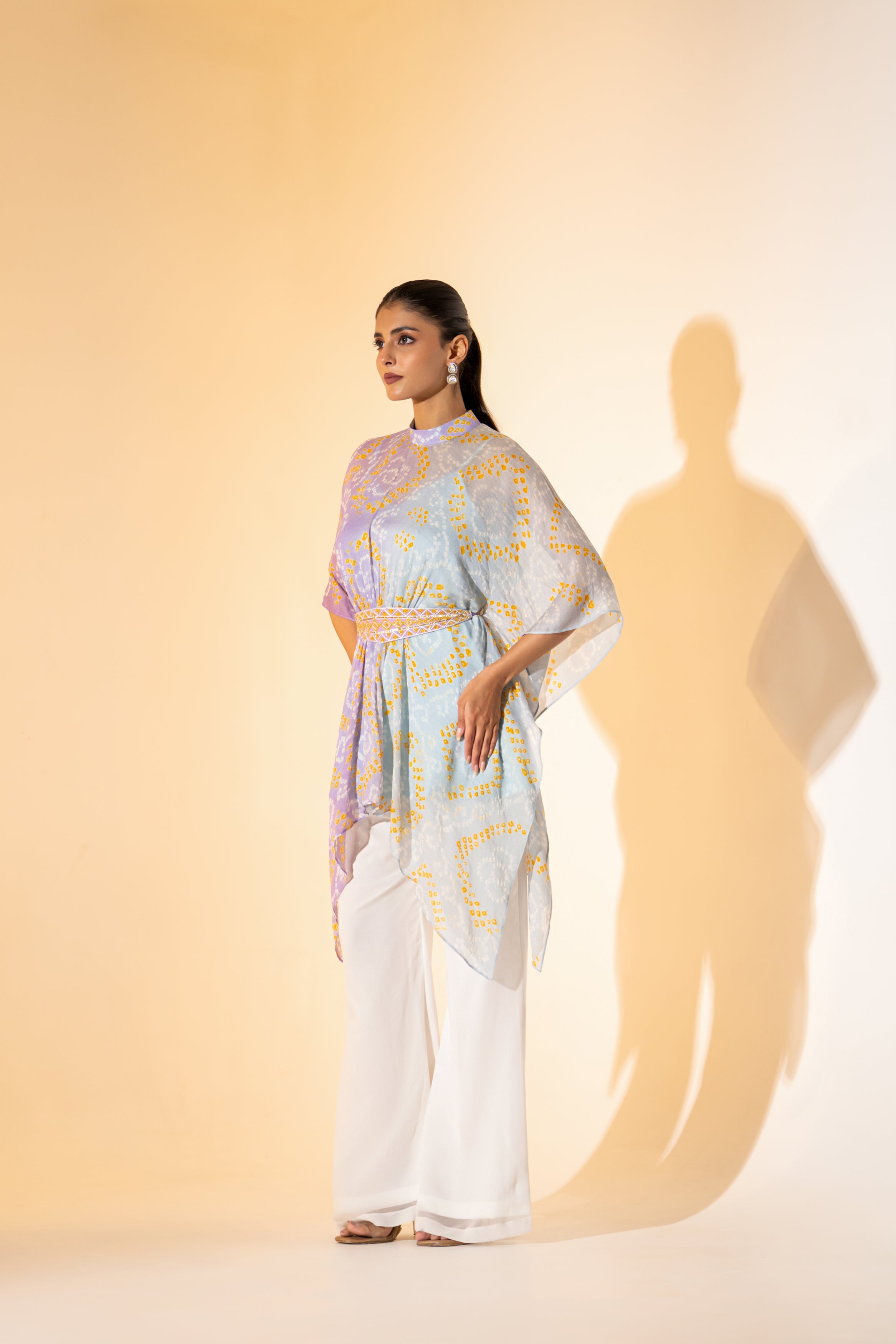 LAVENDER LEHERIYA  KAFTAN TOP WITH WHITE PANT  & EMBROIDERED BELT.