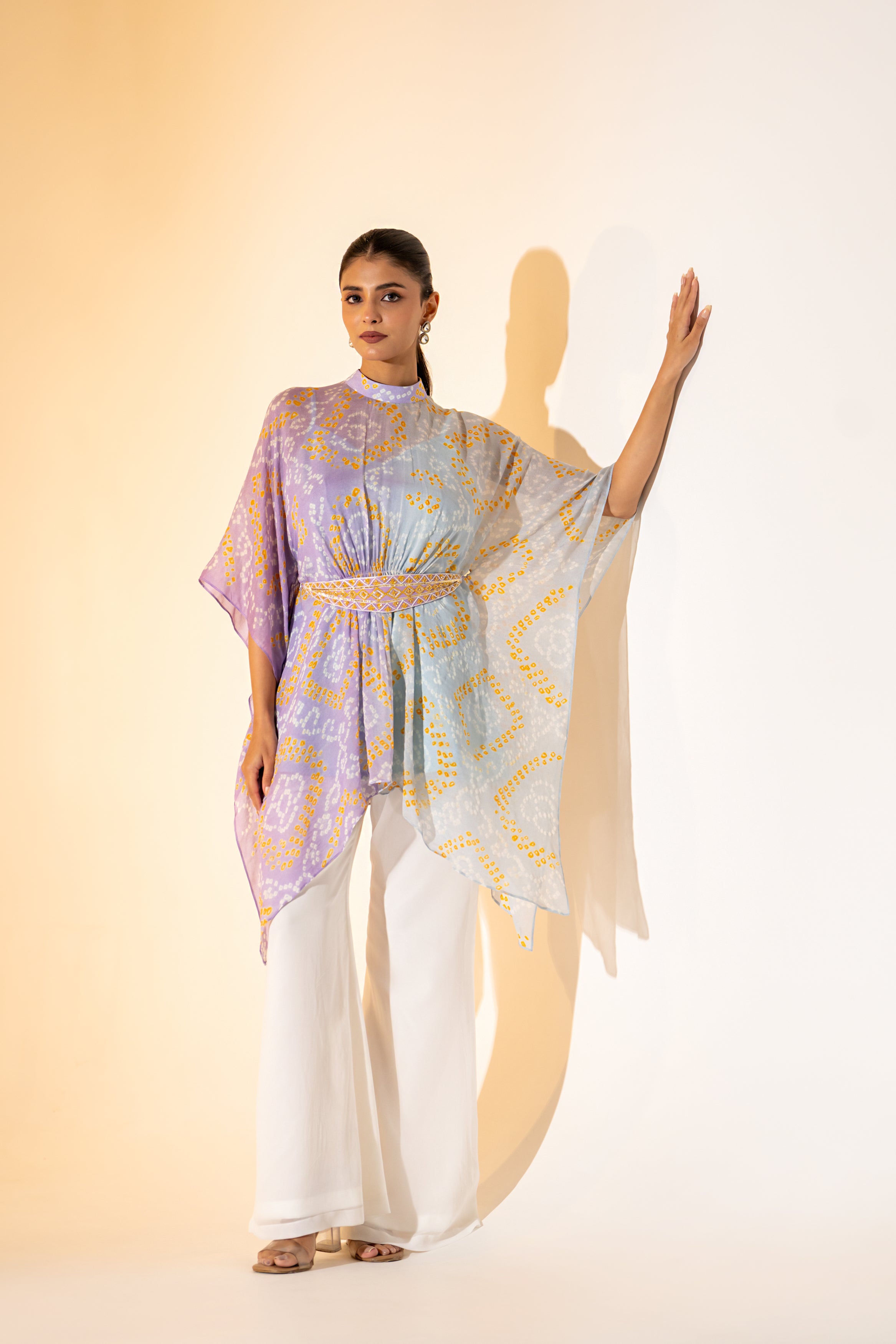 LAVENDER LEHERIYA  KAFTAN TOP WITH WHITE PANT  & EMBROIDERED BELT.
