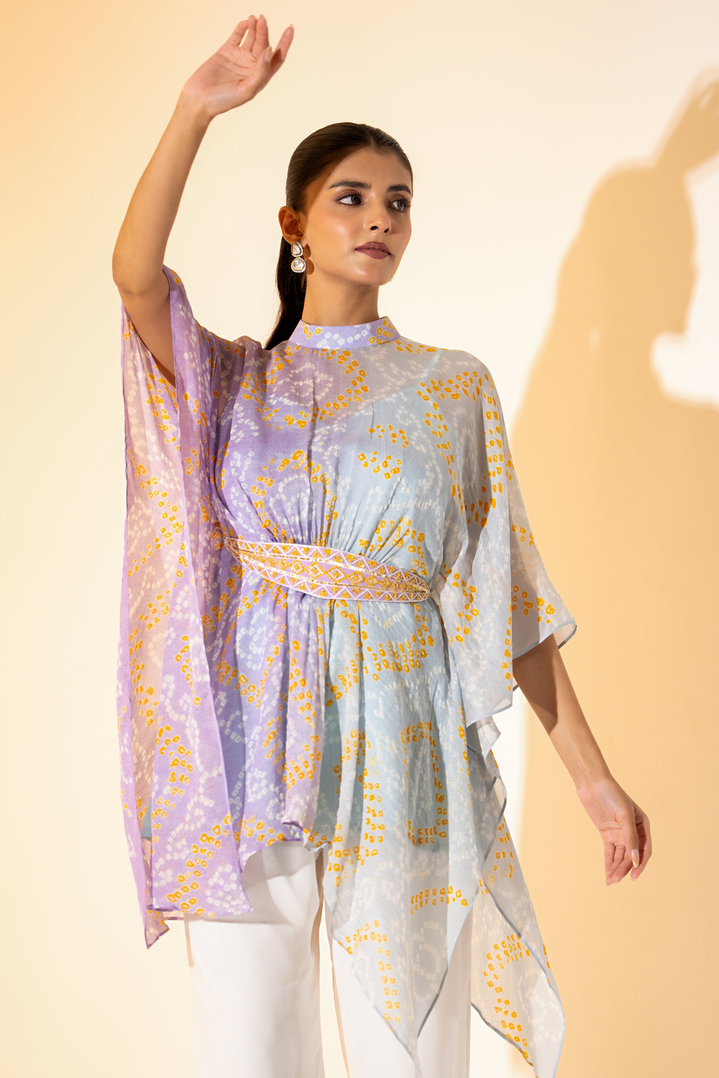 LAVENDER LEHERIYA  KAFTAN TOP WITH WHITE PANT  & EMBROIDERED BELT.