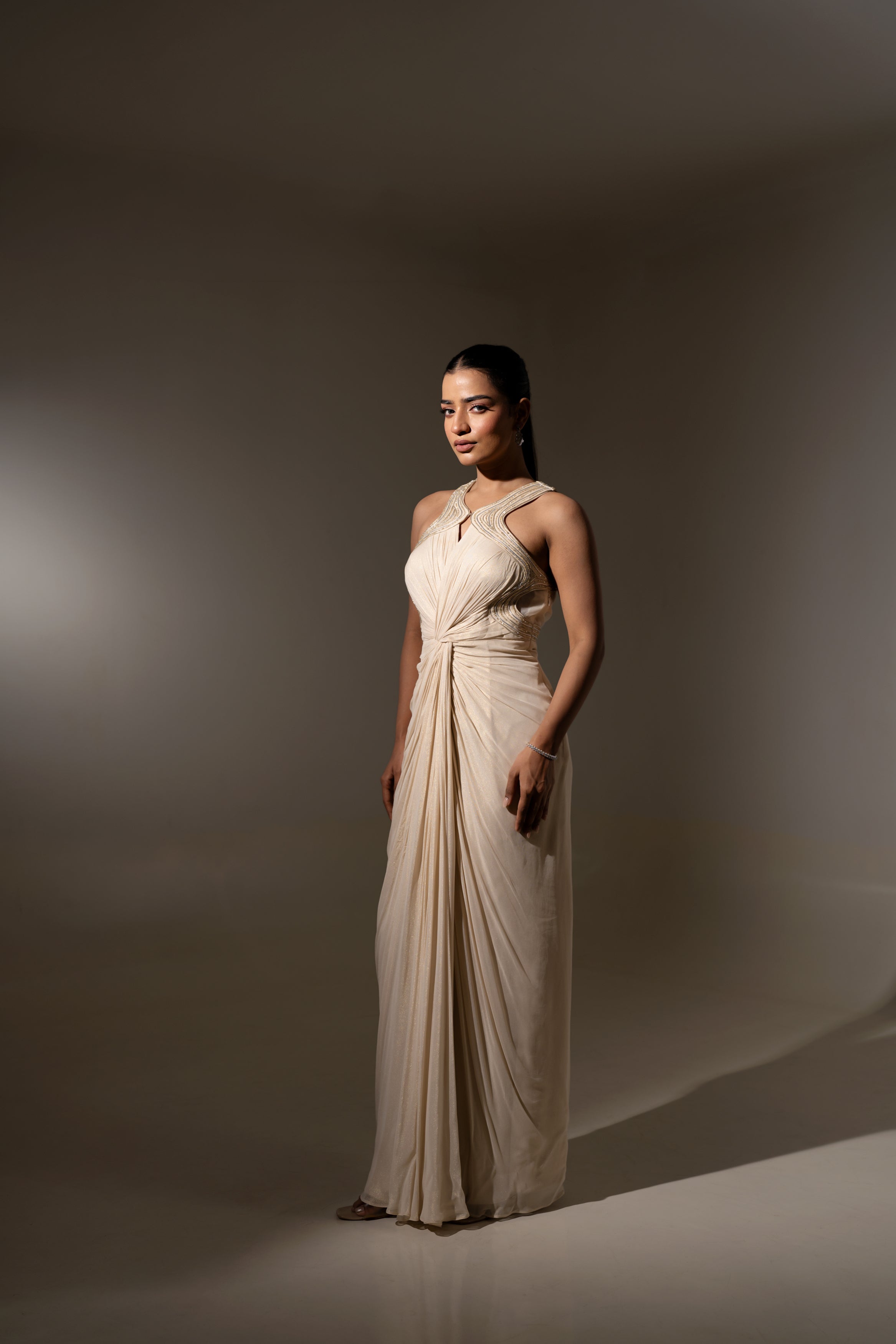 OFF WHITE EMBELLISHED DRAPED GOWN