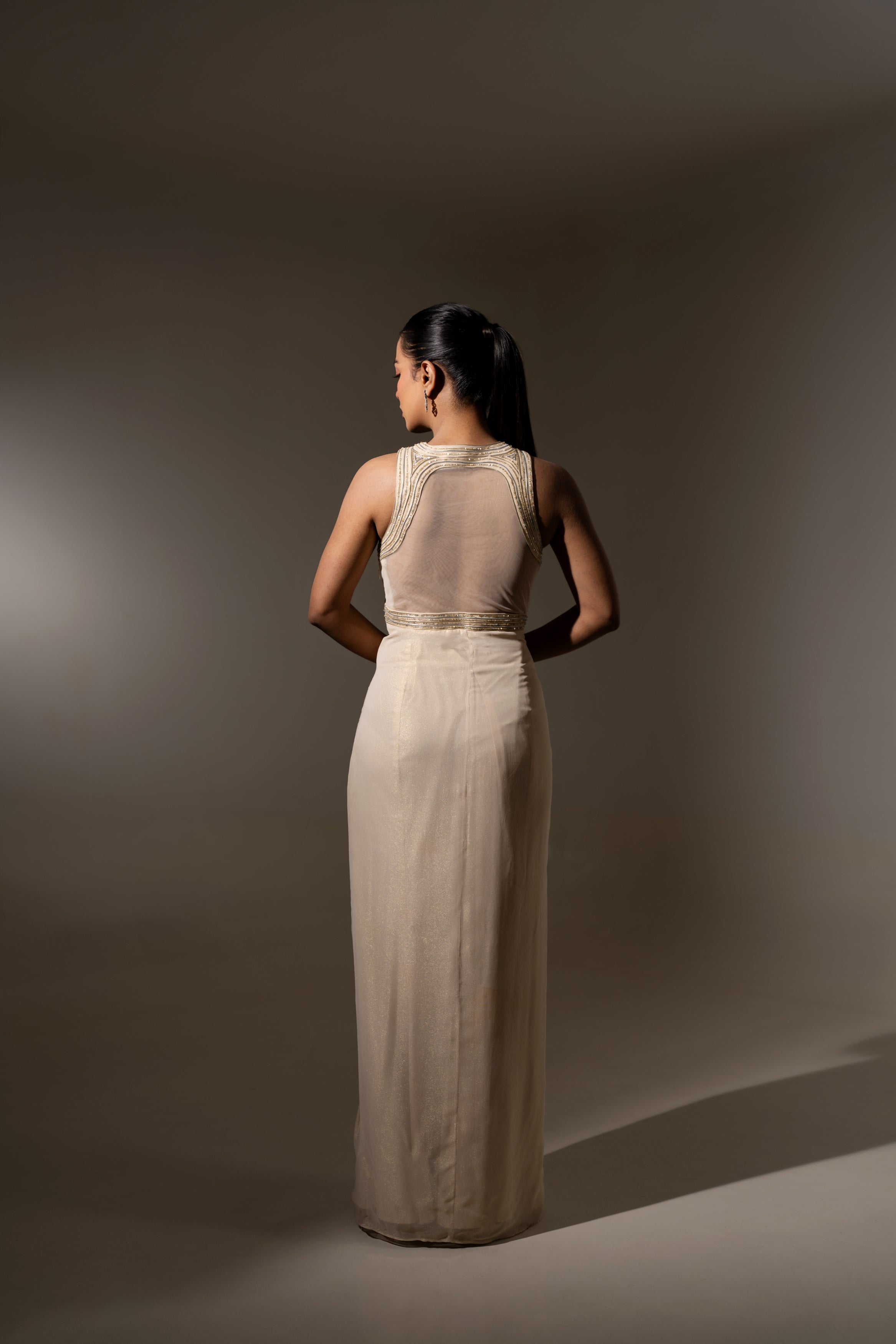 OFF WHITE EMBELLISHED DRAPED GOWN