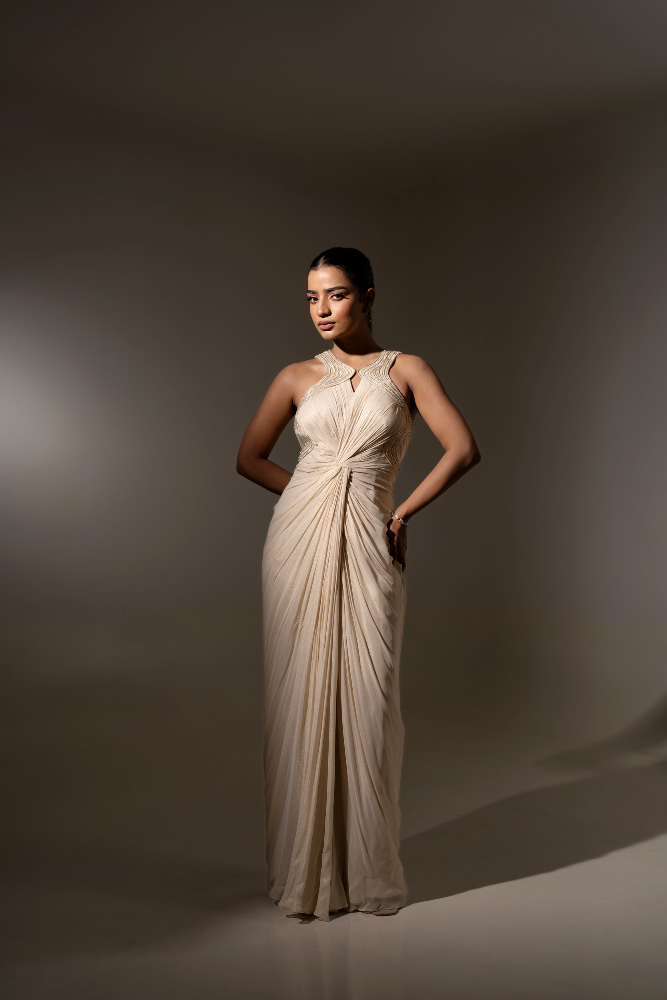 OFF WHITE EMBELLISHED DRAPED GOWN