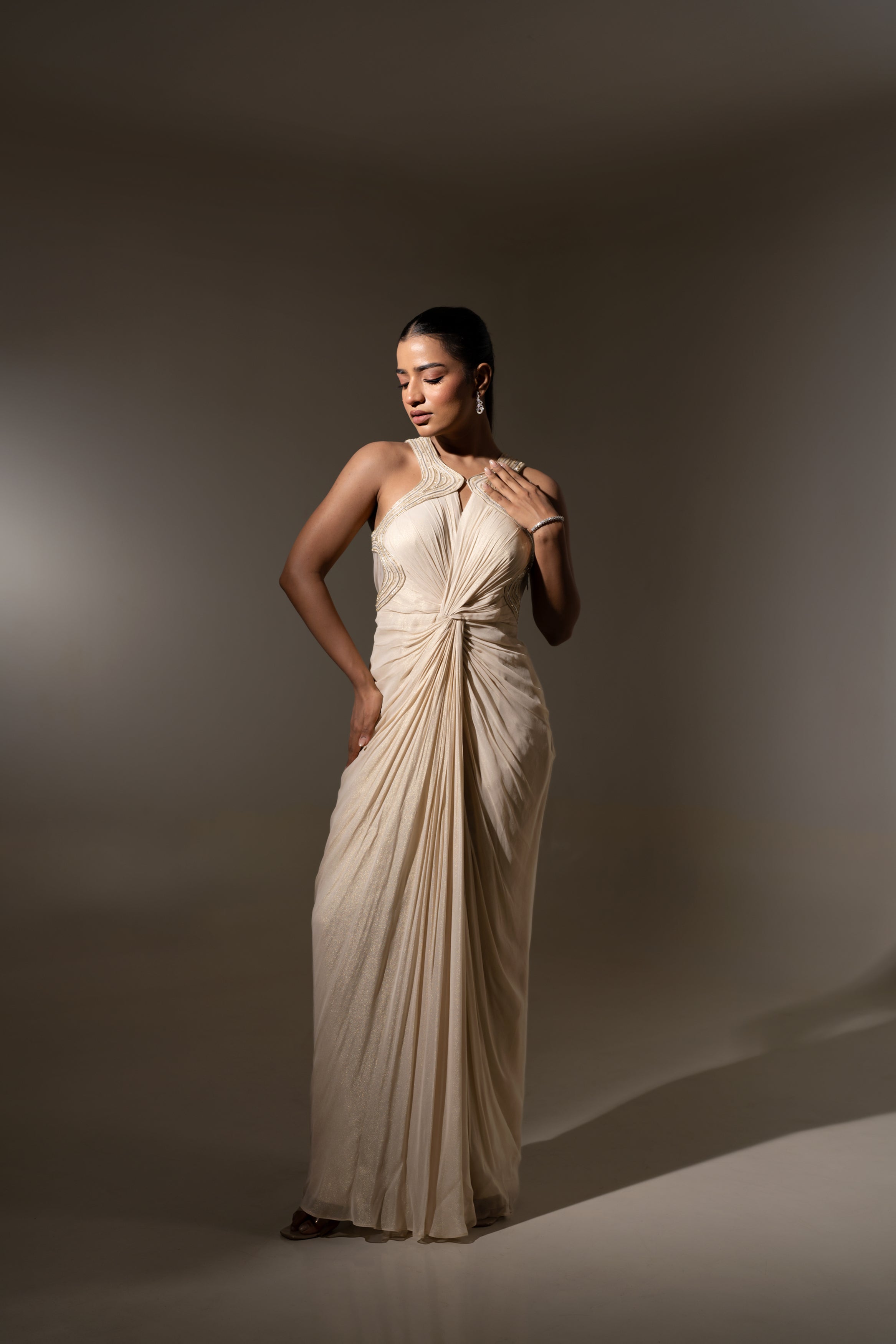 OFF WHITE EMBELLISHED DRAPED GOWN