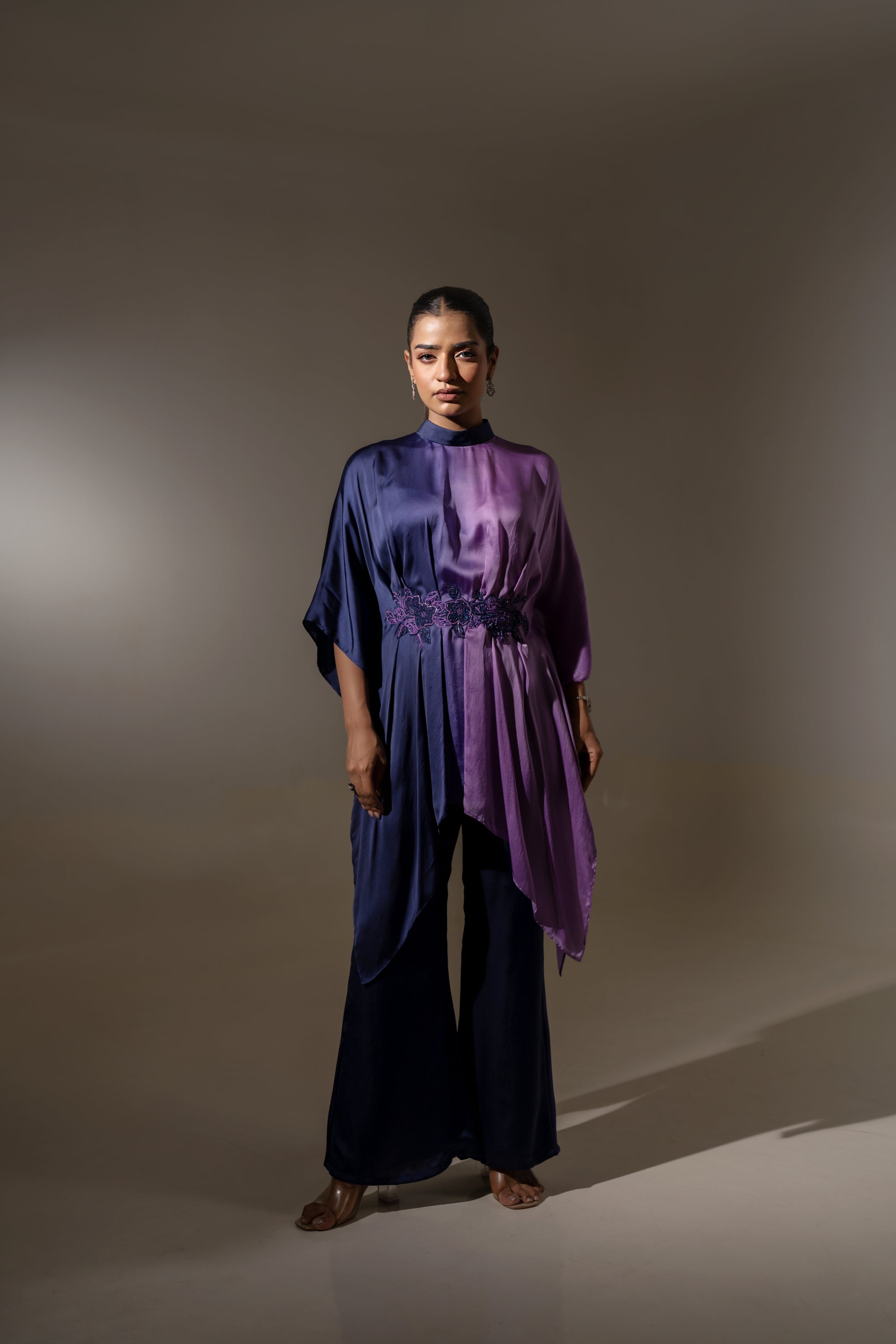 ELEGANT BLUE & PURPLE DRAPED TUNIC SET.