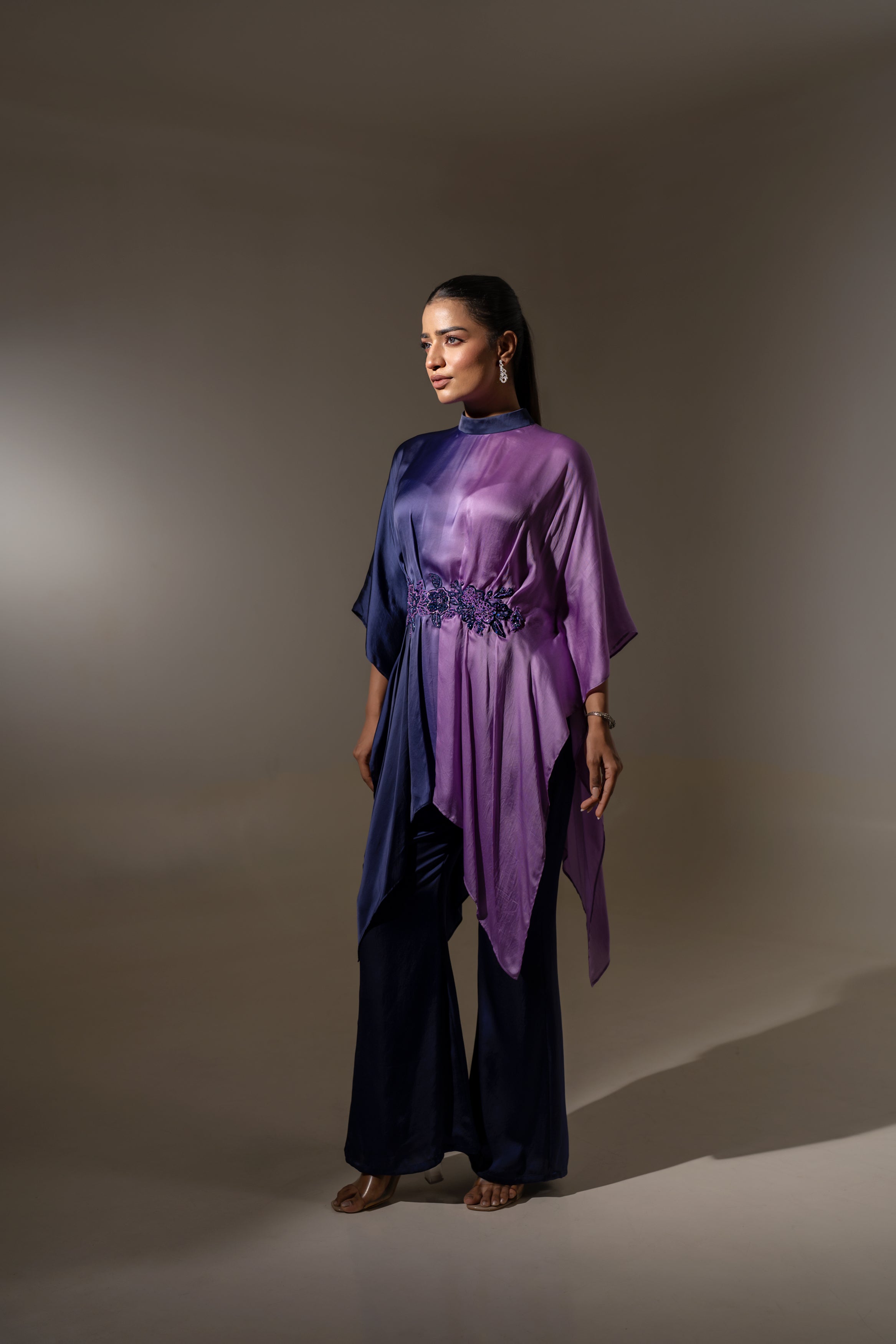 ELEGANT BLUE & PURPLE DRAPED TUNIC SET.