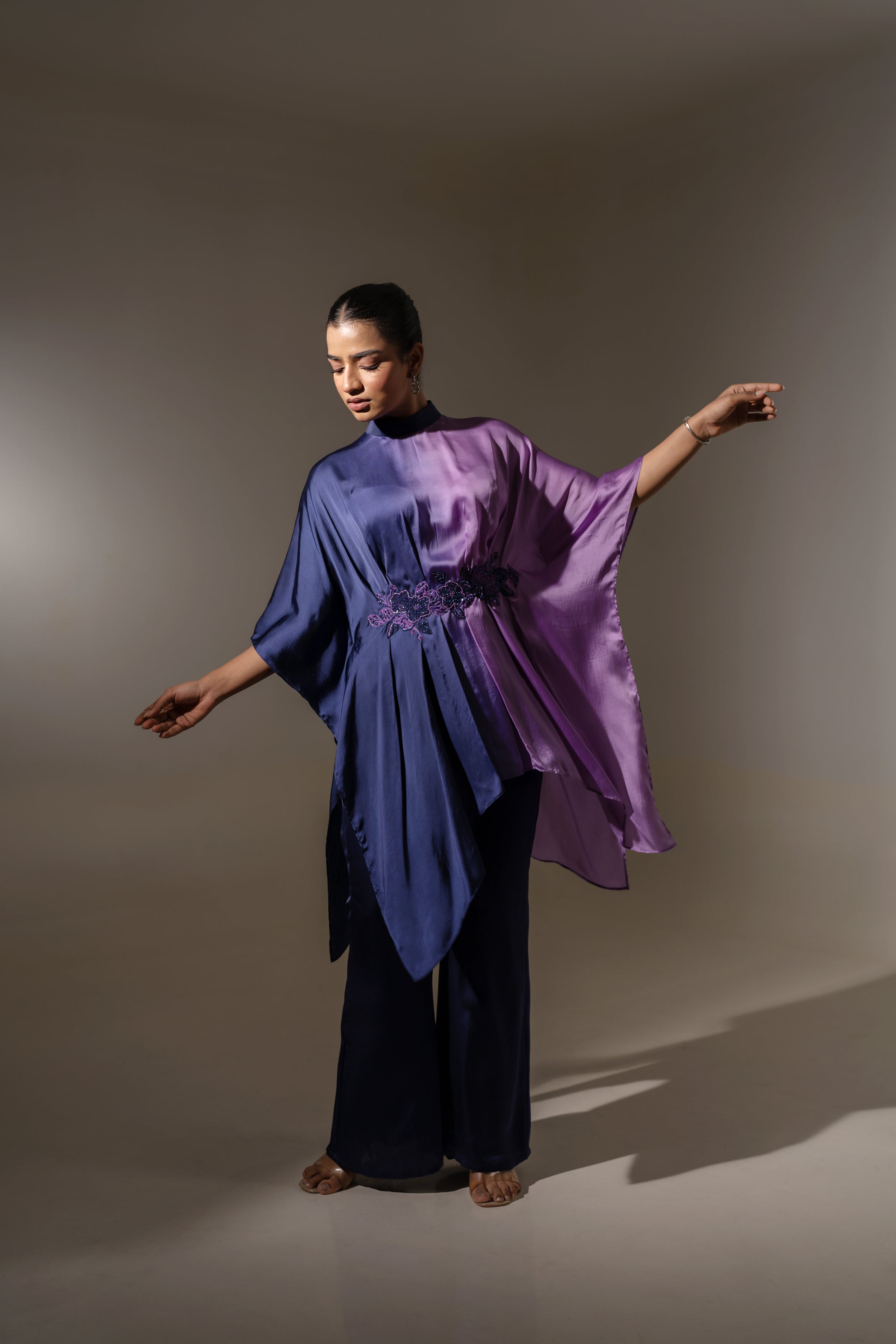ELEGANT BLUE & PURPLE DRAPED TUNIC SET.