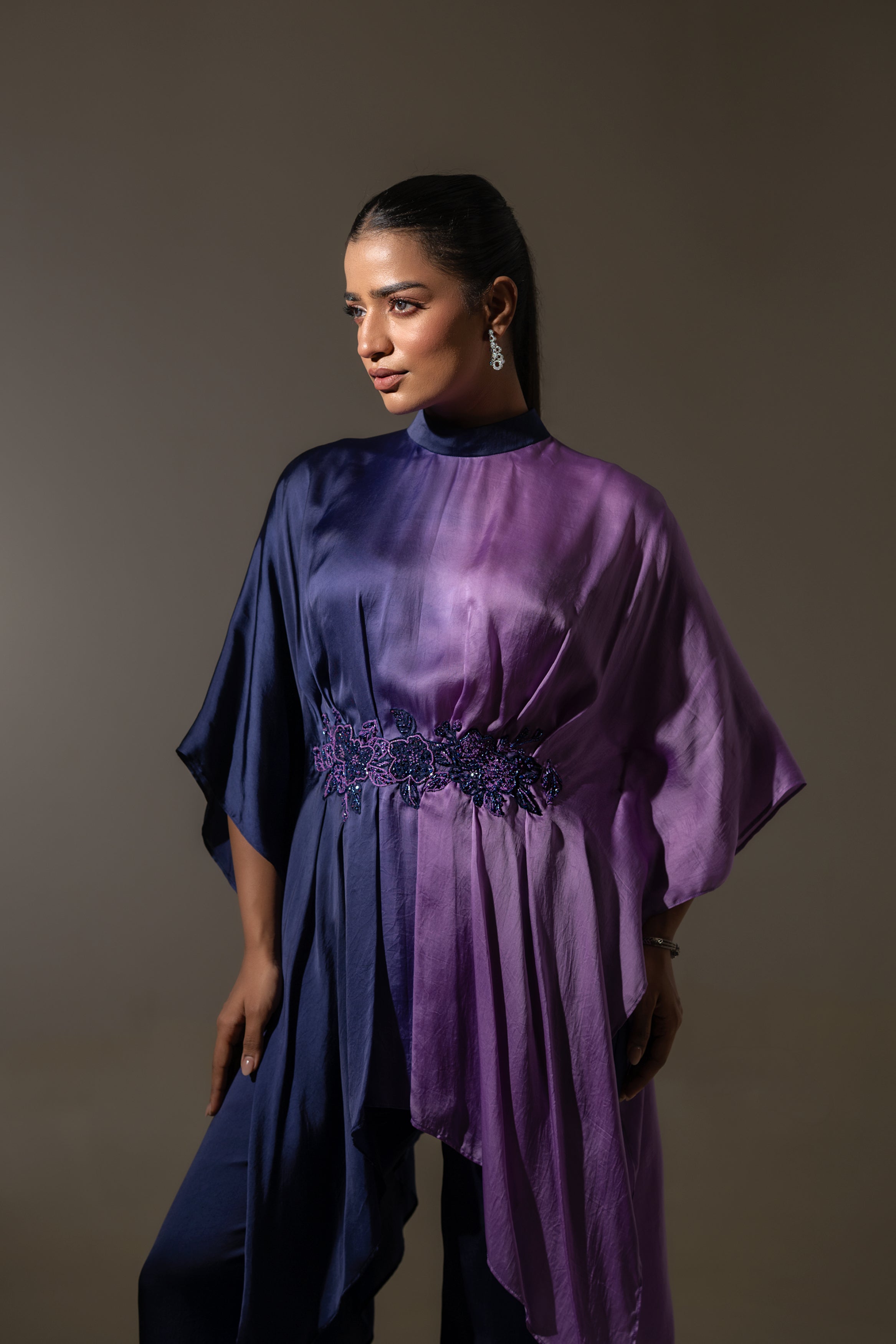ELEGANT BLUE & PURPLE DRAPED TUNIC SET.