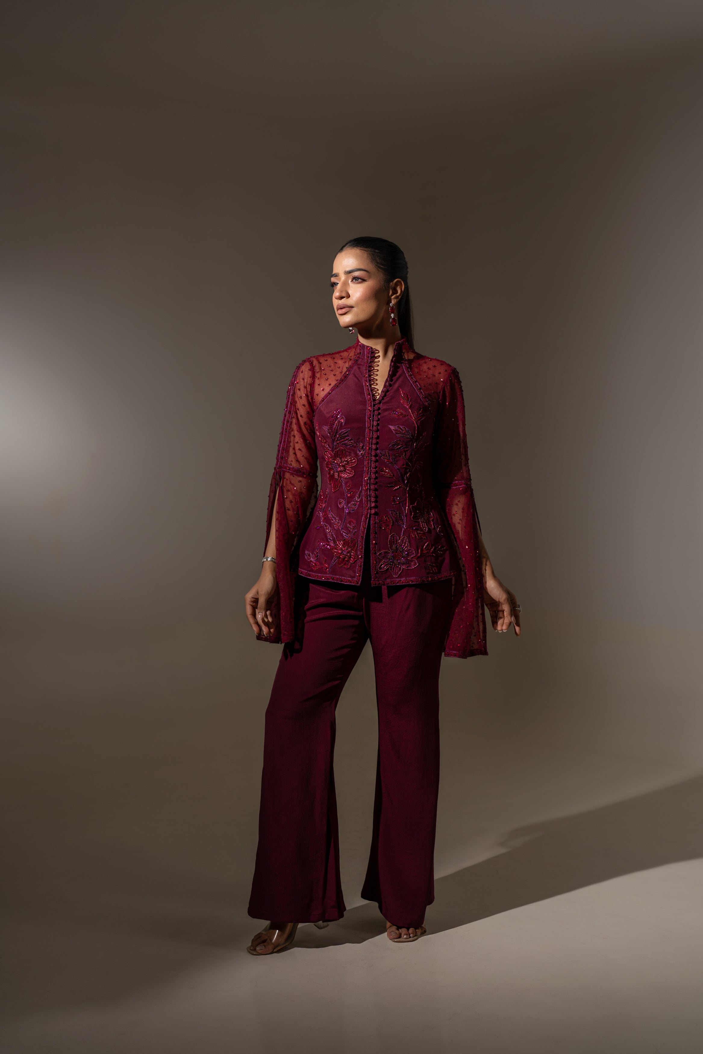 MAROON HAND-EMBROIDERED SHEER JACKET TOP WITH WIDE-LEG PANTS.