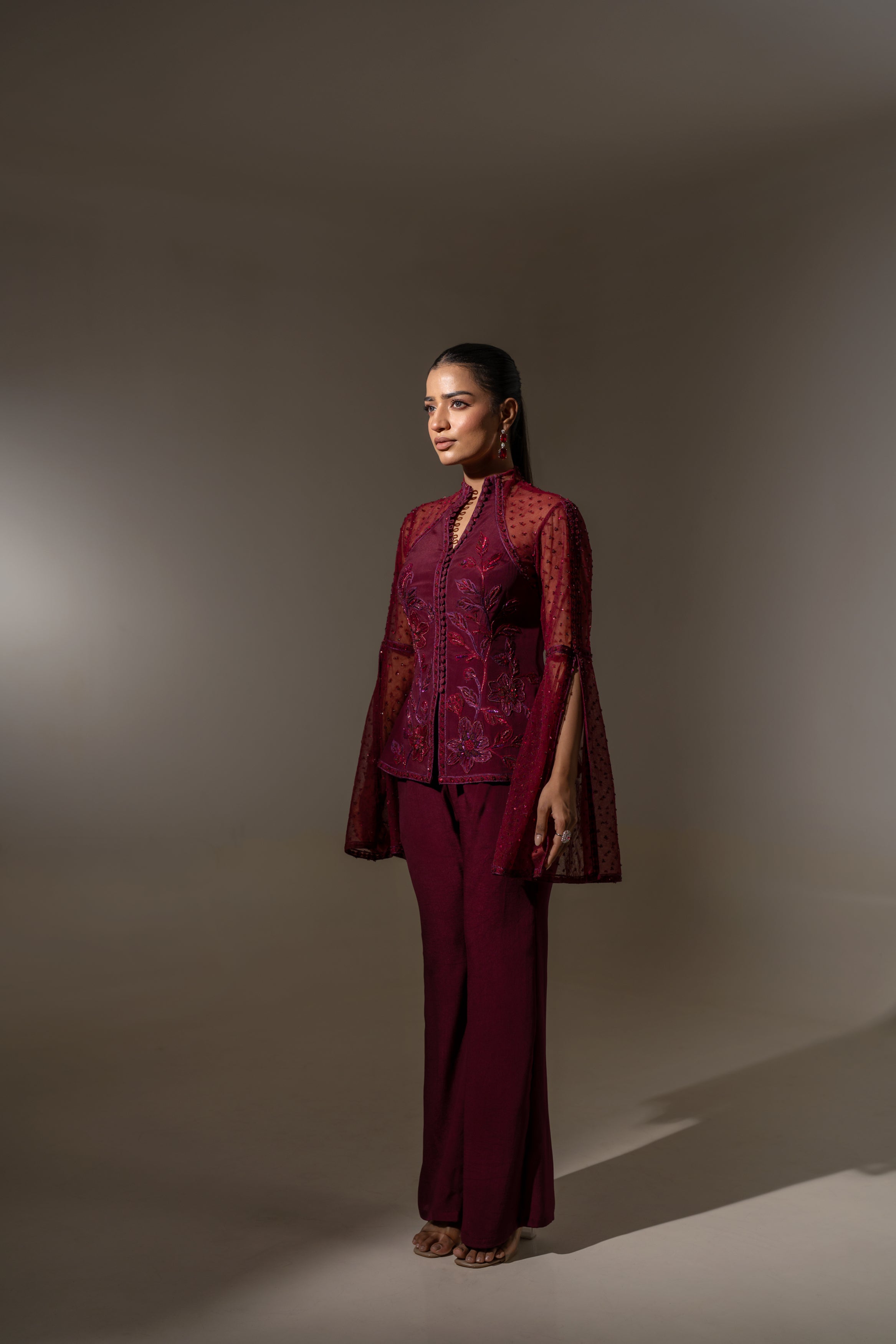 MAROON HAND-EMBROIDERED SHEER JACKET TOP WITH WIDE-LEG PANTS.