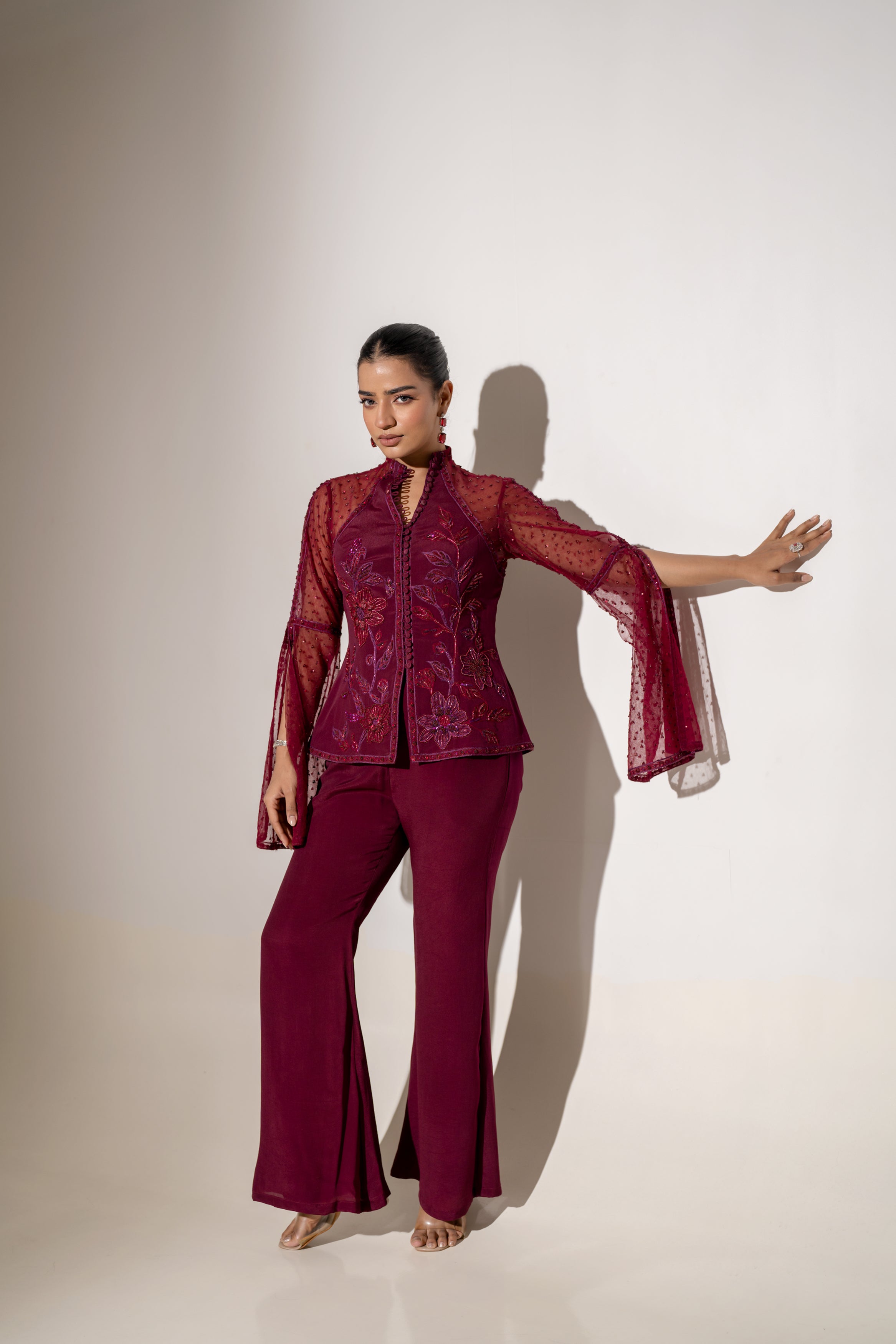 MAROON HAND-EMBROIDERED SHEER JACKET TOP WITH WIDE-LEG PANTS.