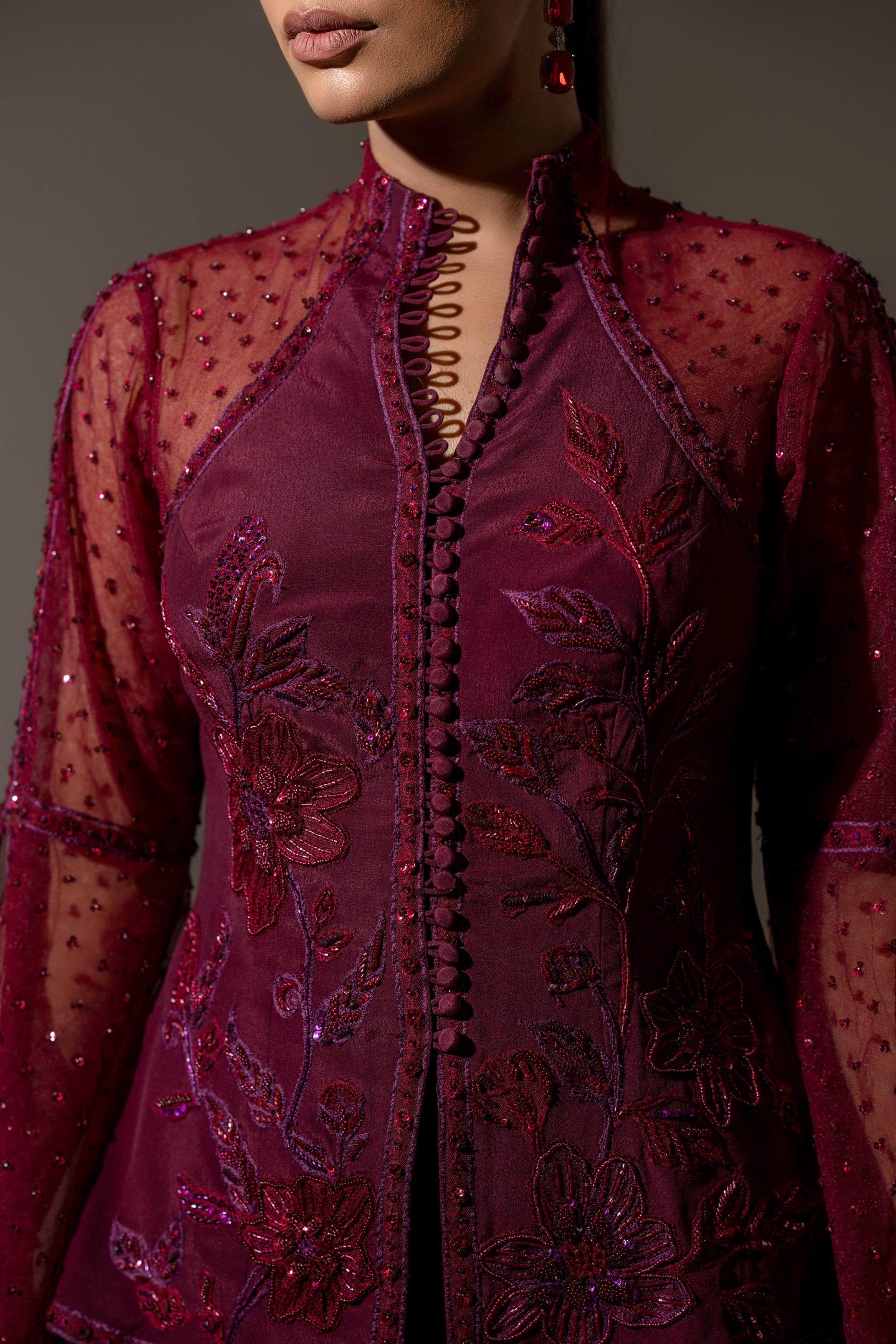 MAROON HAND-EMBROIDERED SHEER JACKET TOP WITH WIDE-LEG PANTS.