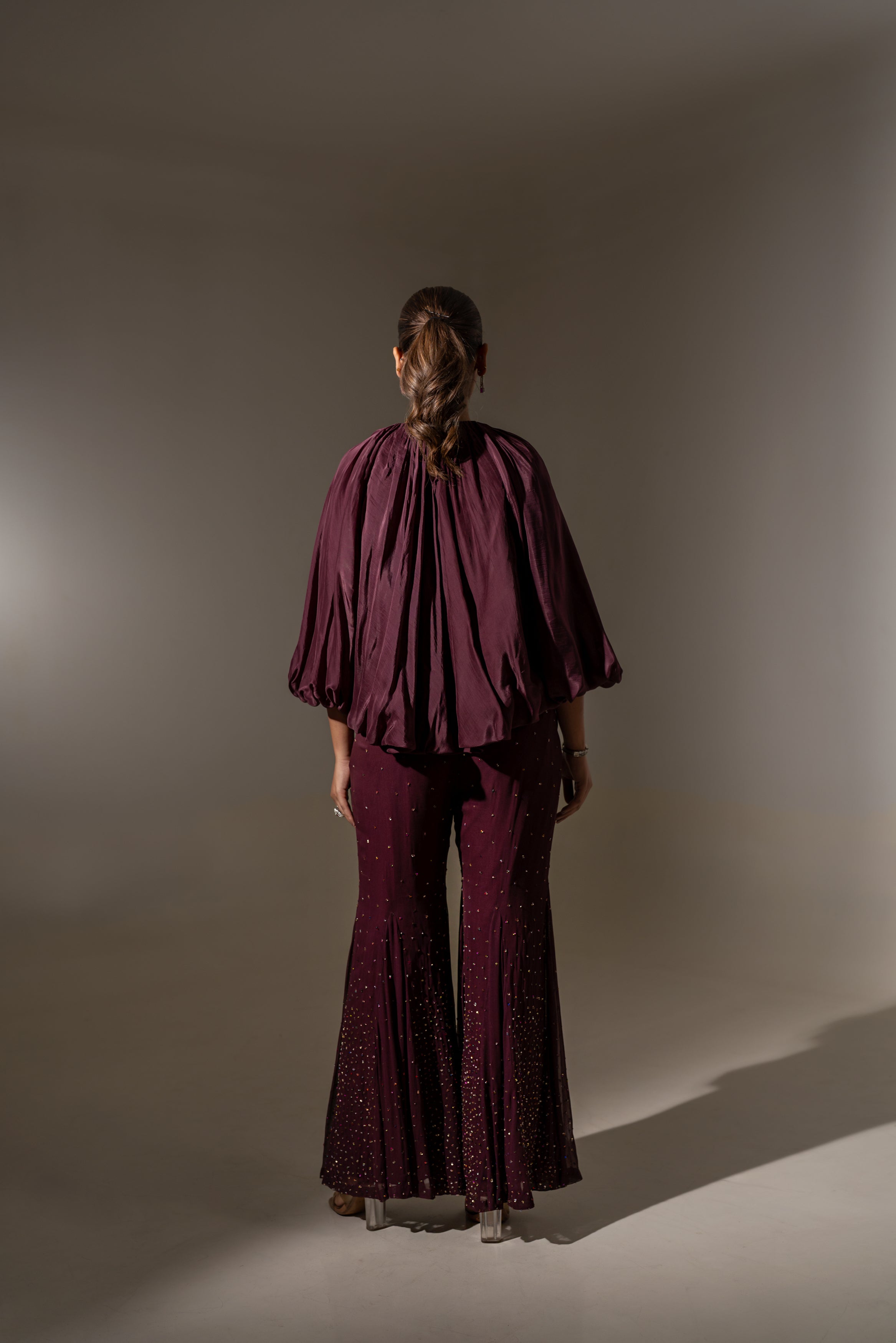GATHERED TOP WITH EMBELLISHED FLARED PANTS