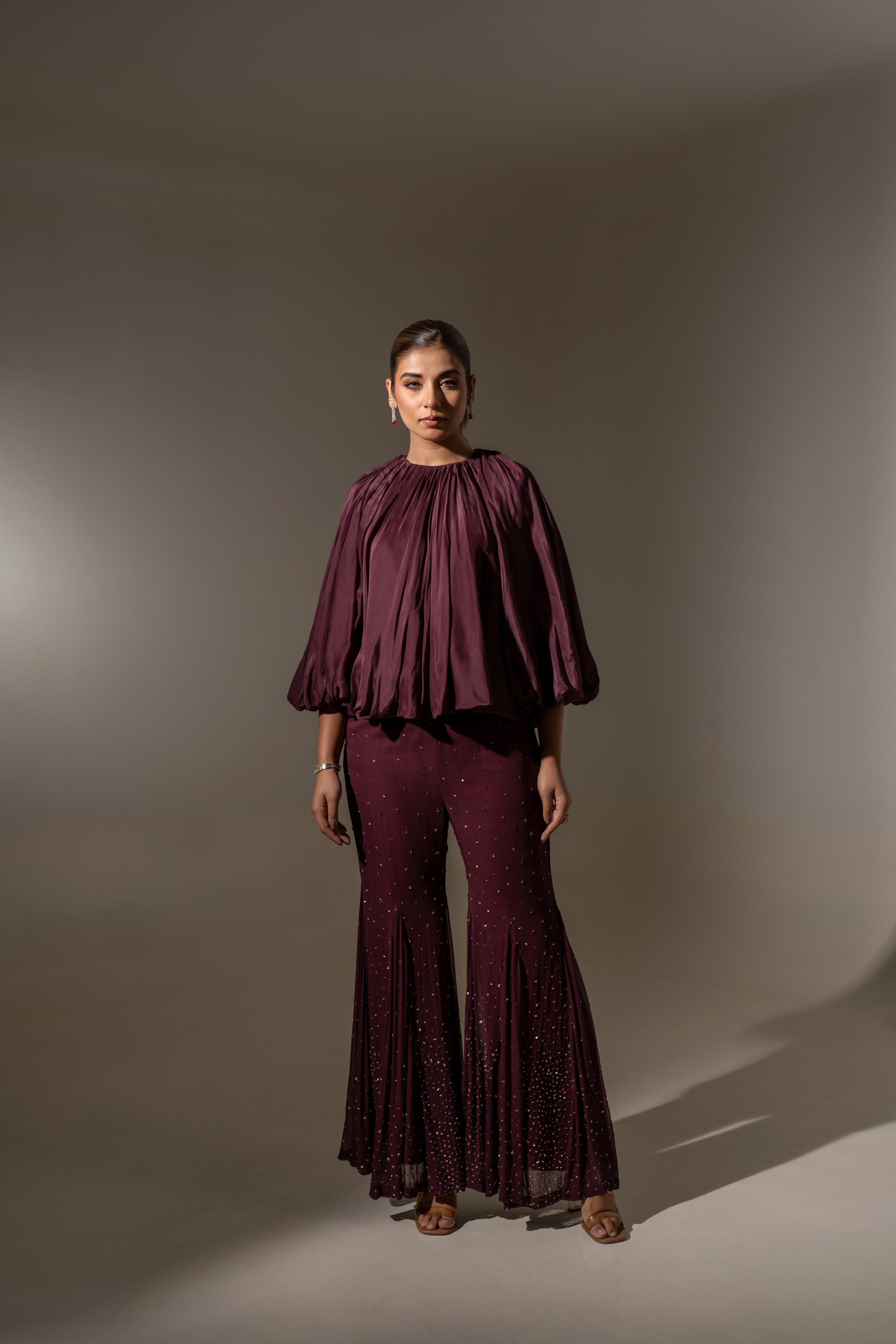 GATHERED TOP WITH EMBELLISHED FLARED PANTS