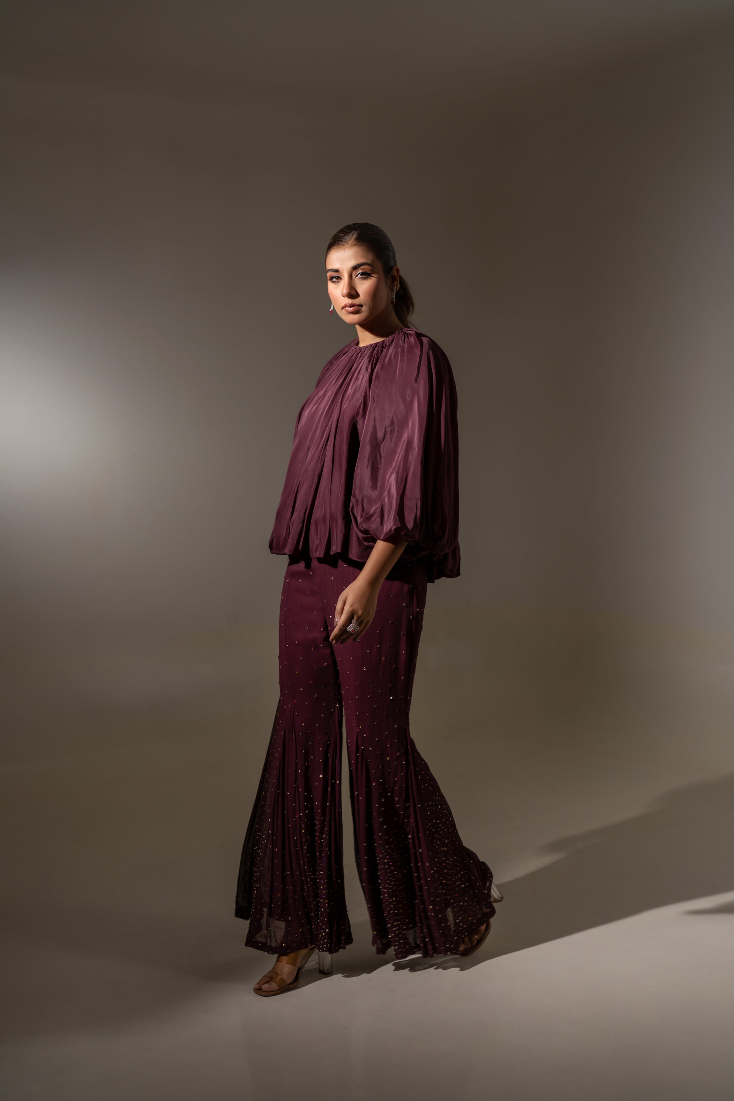GATHERED TOP WITH EMBELLISHED FLARED PANTS