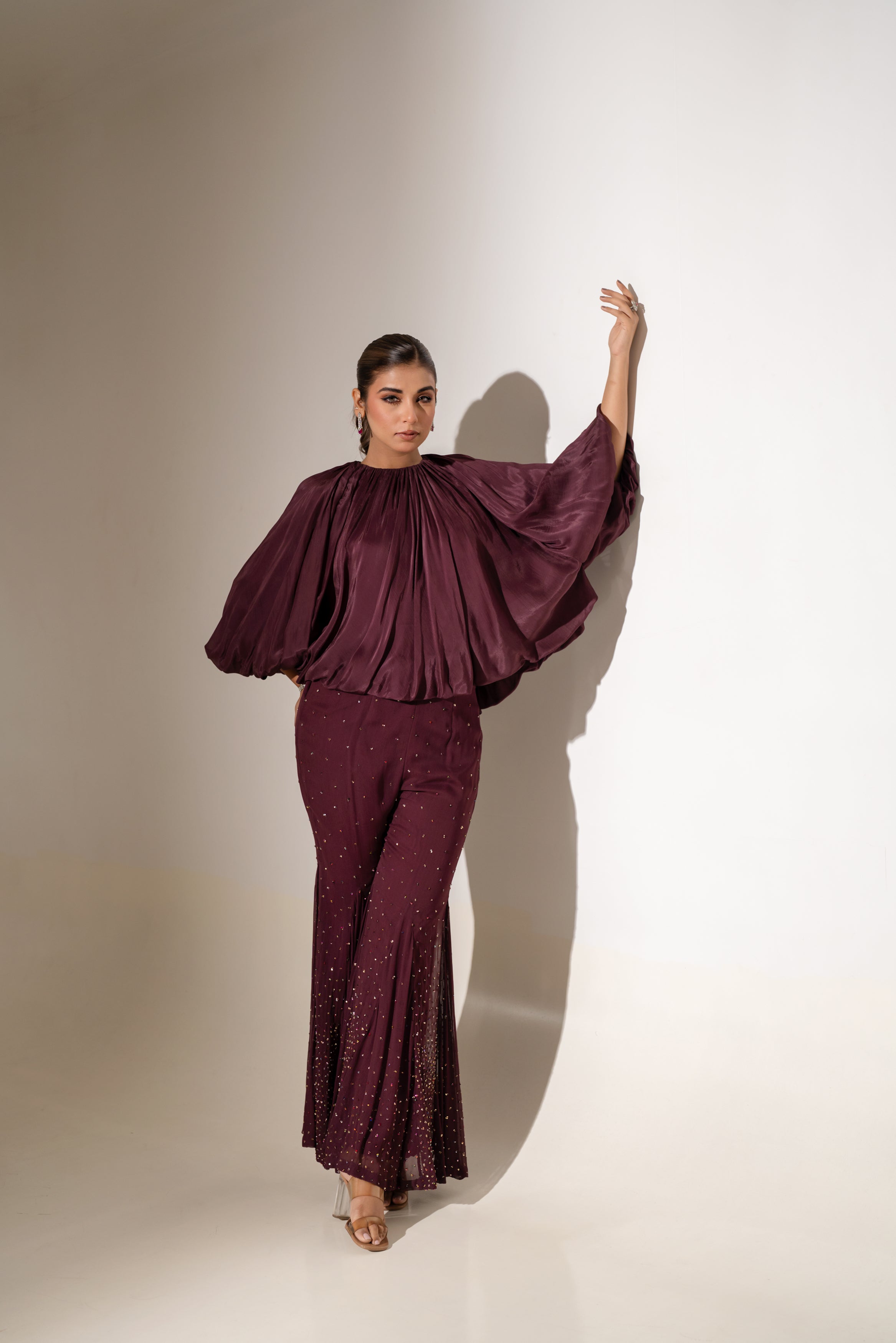 GATHERED TOP WITH EMBELLISHED FLARED PANTS