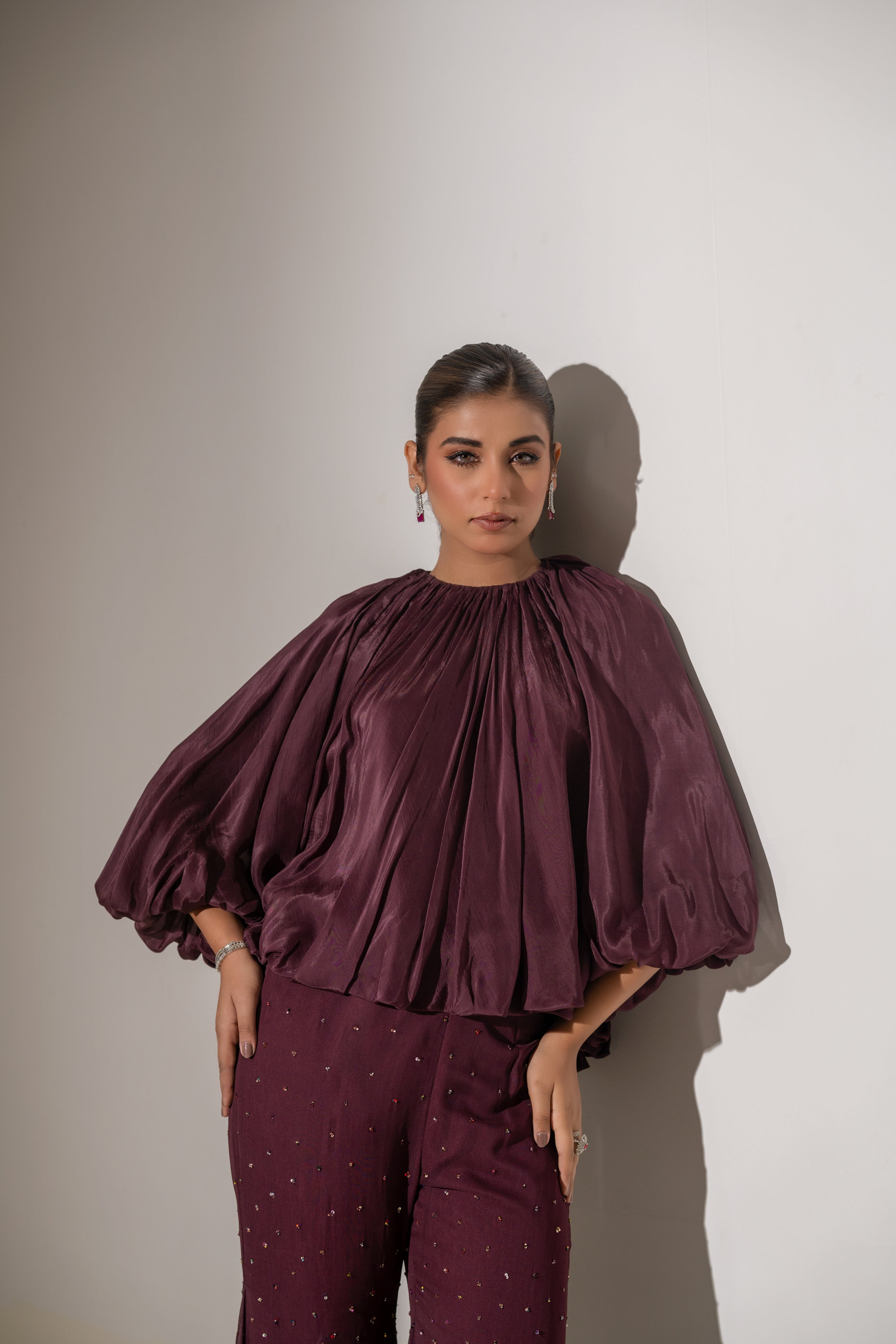 GATHERED TOP WITH EMBELLISHED FLARED PANTS