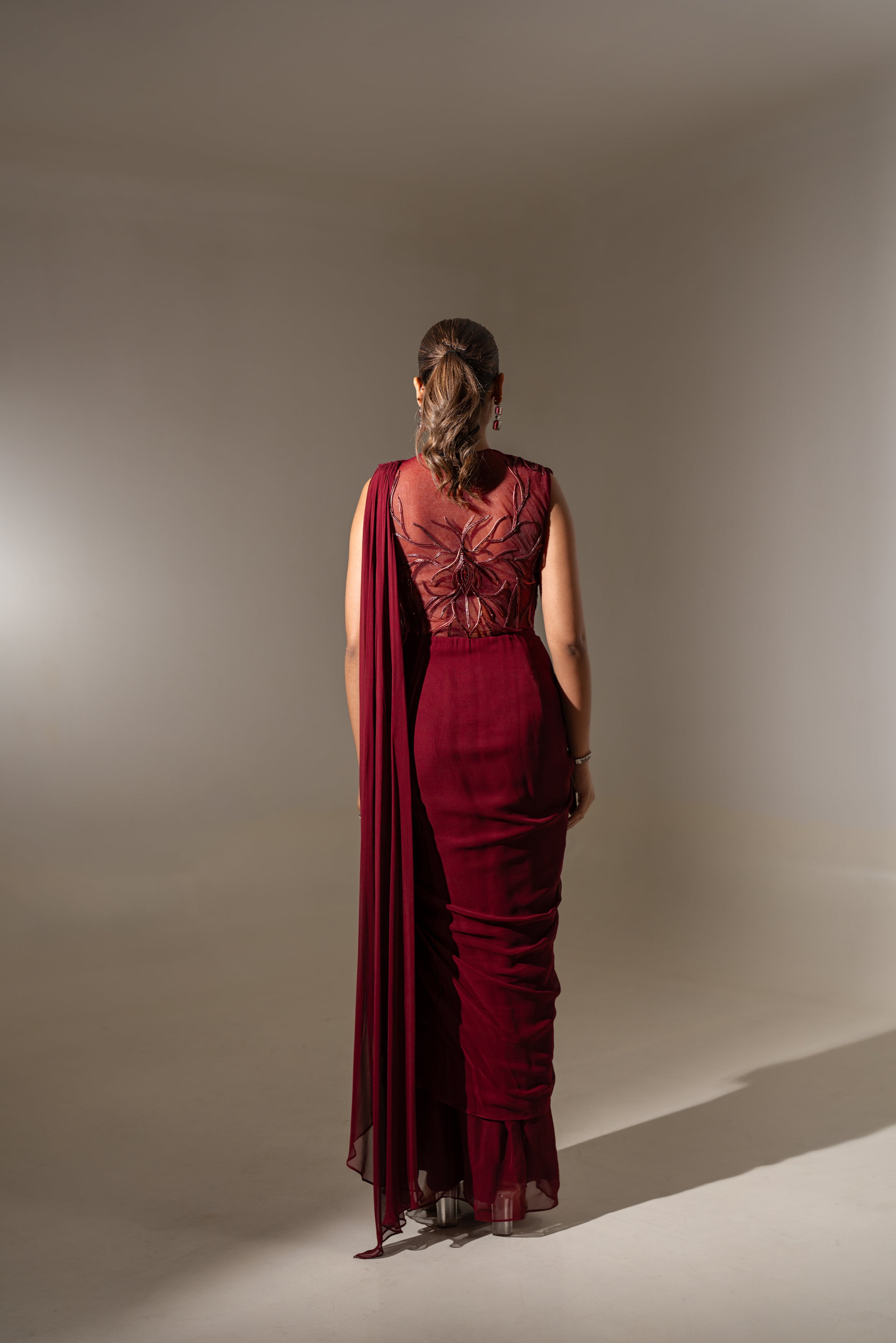 MAROON CORSET STYLE 3D WORK DRAPE SAREE