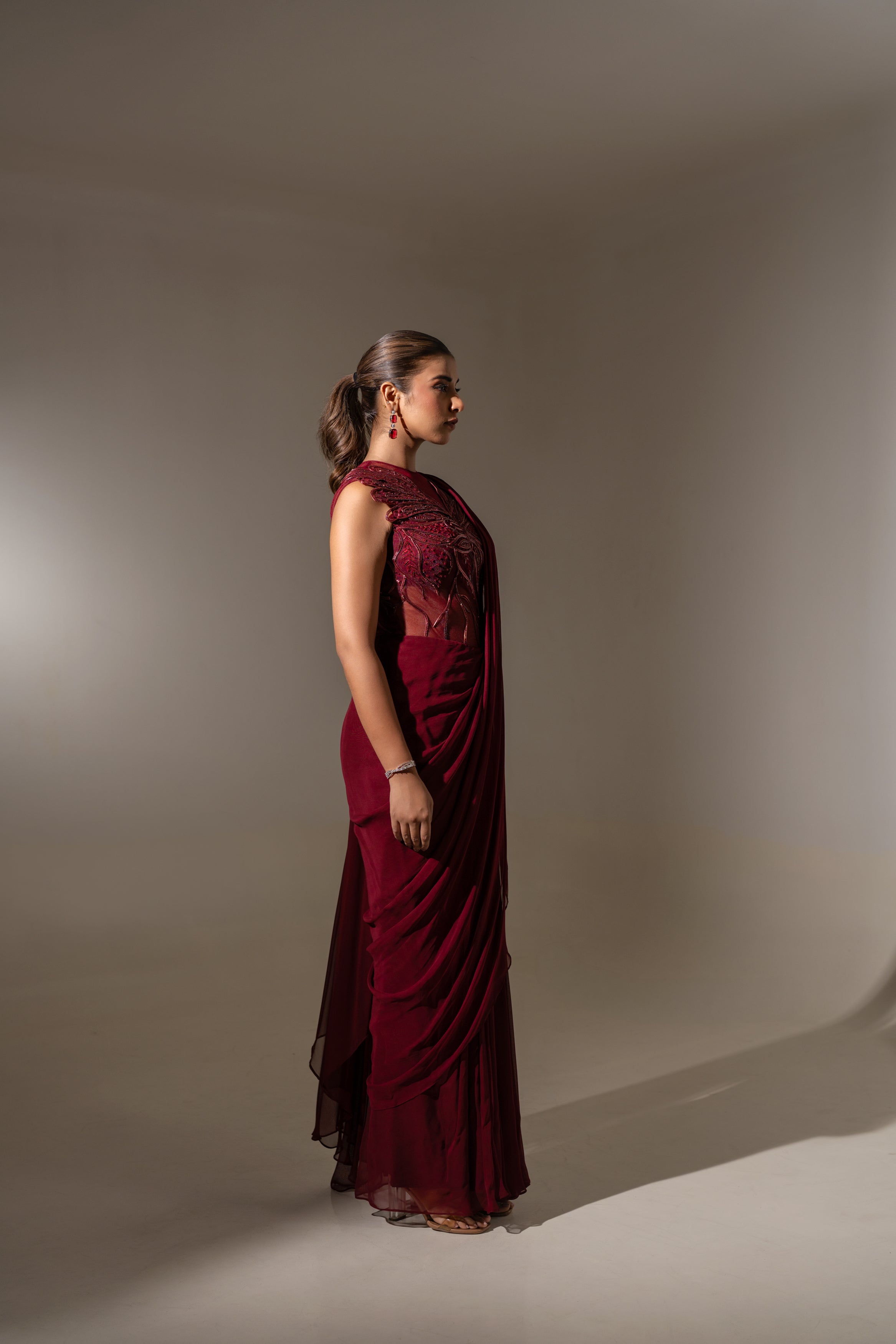 MAROON CORSET STYLE 3D WORK DRAPE SAREE
