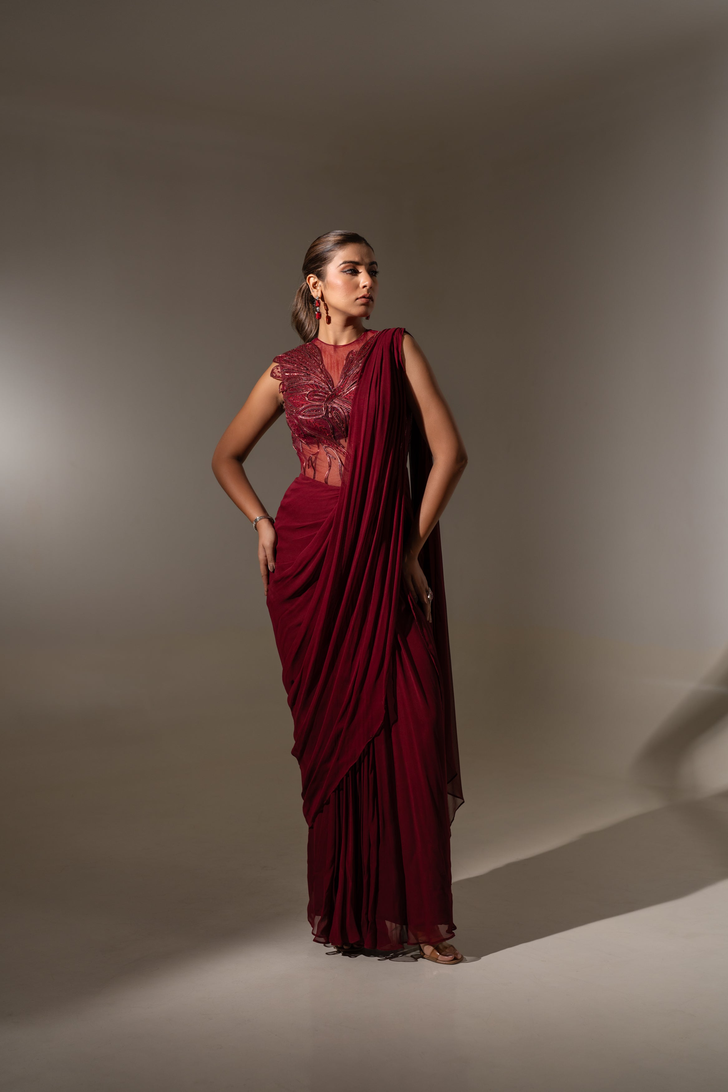 MAROON CORSET STYLE 3D WORK DRAPE SAREE