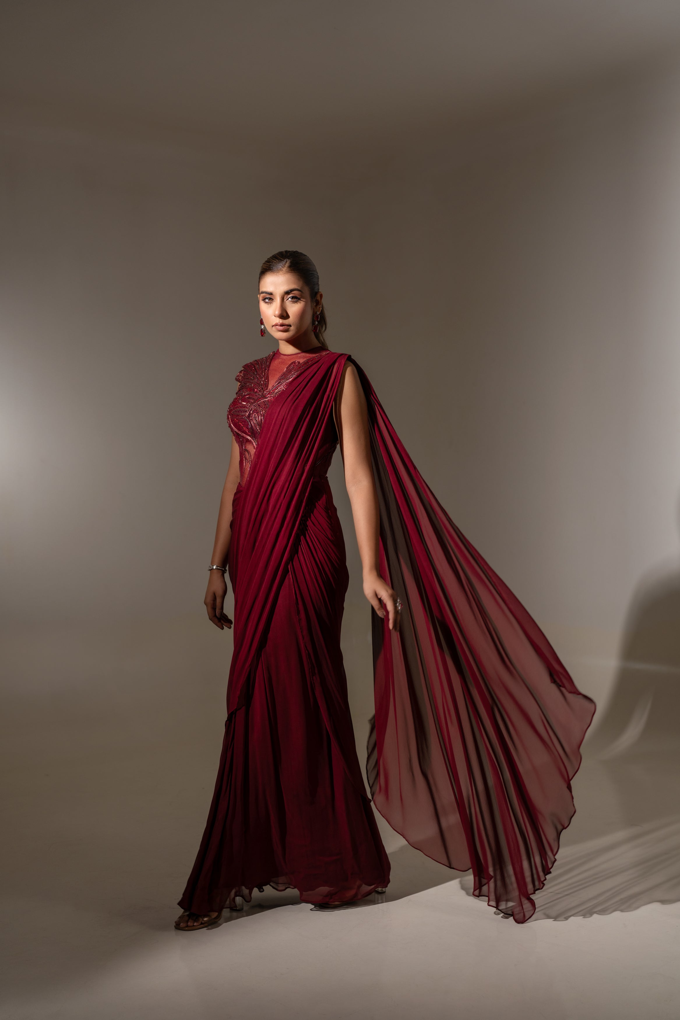 MAROON CORSET STYLE 3D WORK DRAPE SAREE