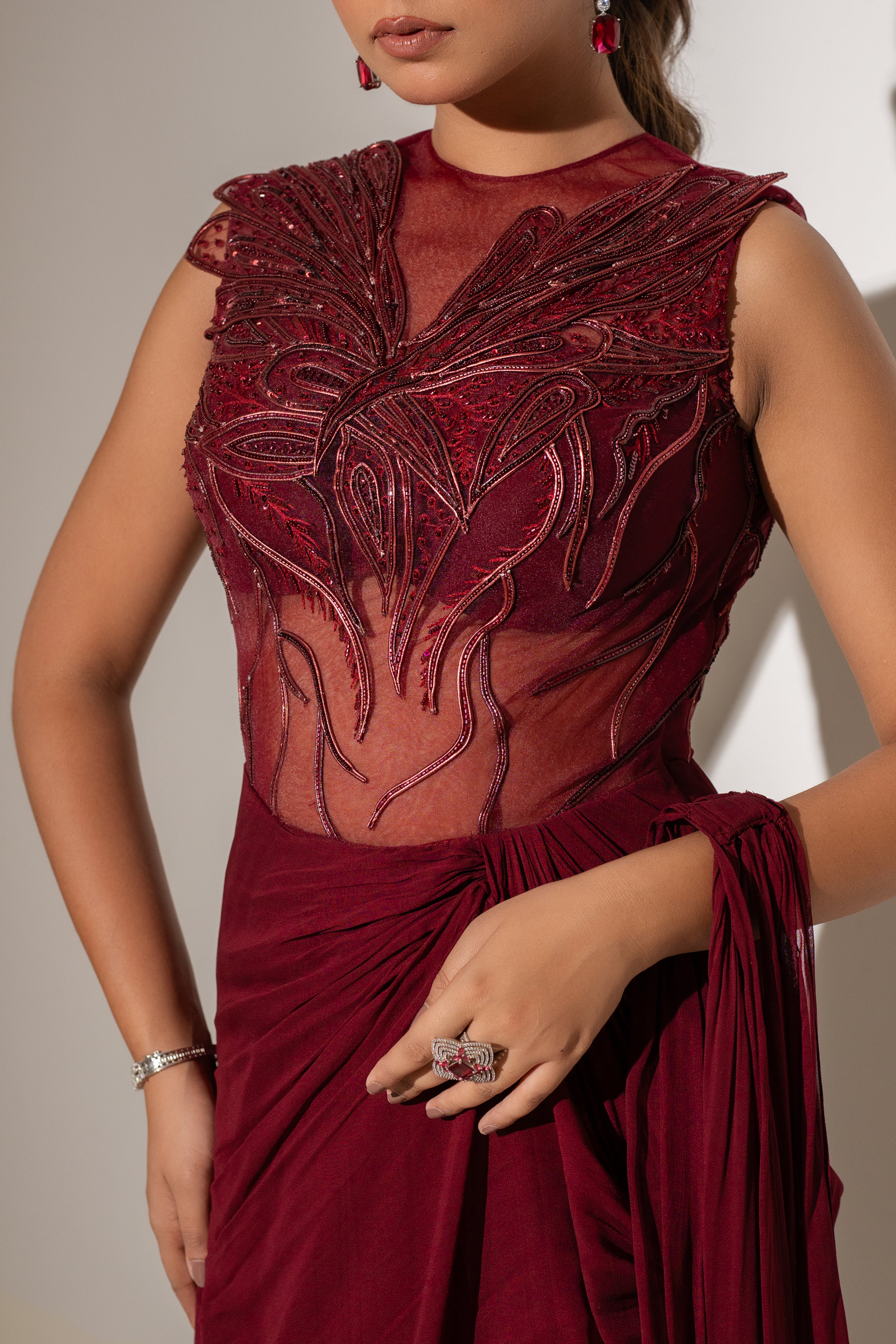 MAROON CORSET STYLE 3D WORK DRAPE SAREE