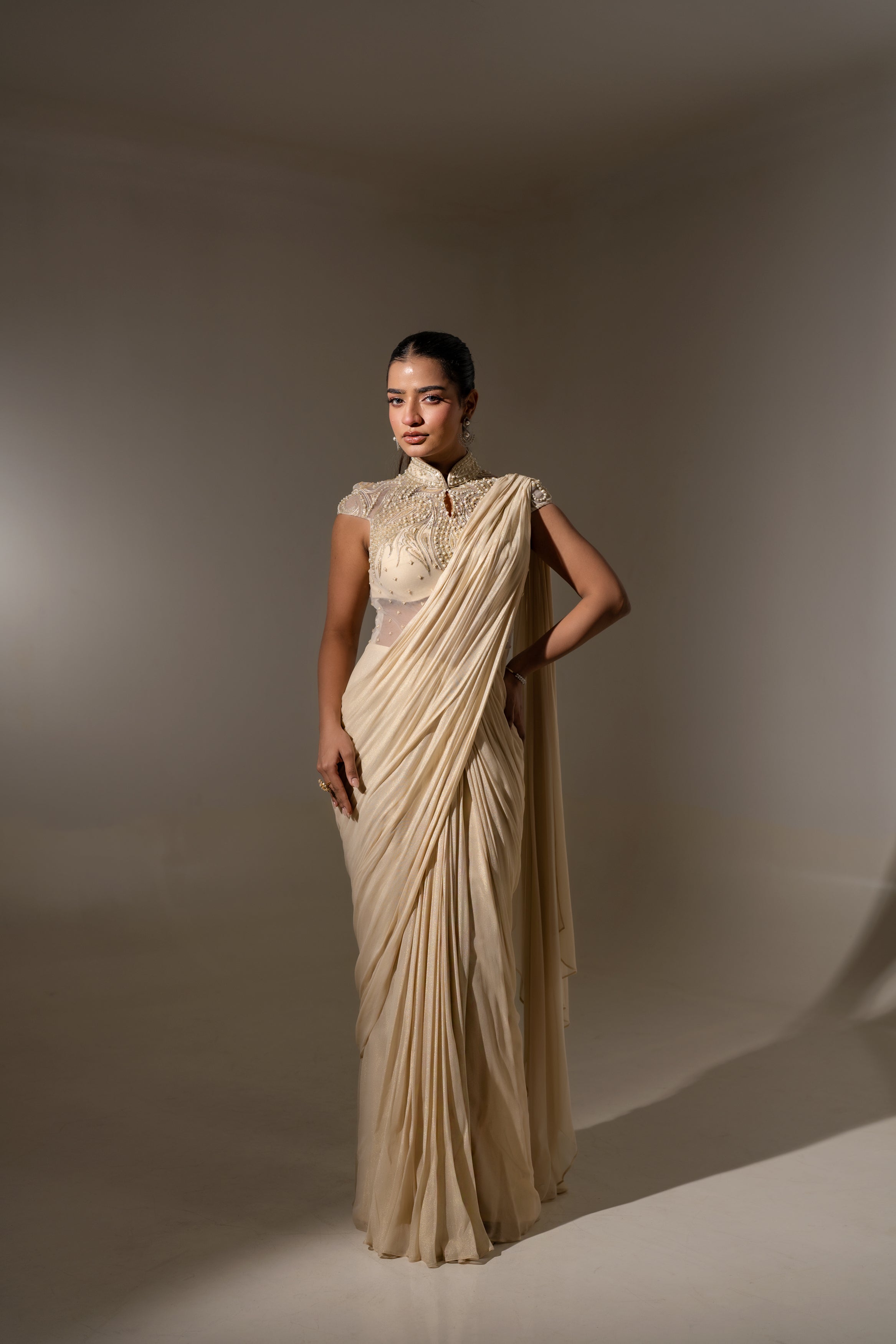 OFF WHITE EMBELLISHED SAREE WITH HIGH-NECK BODICE.